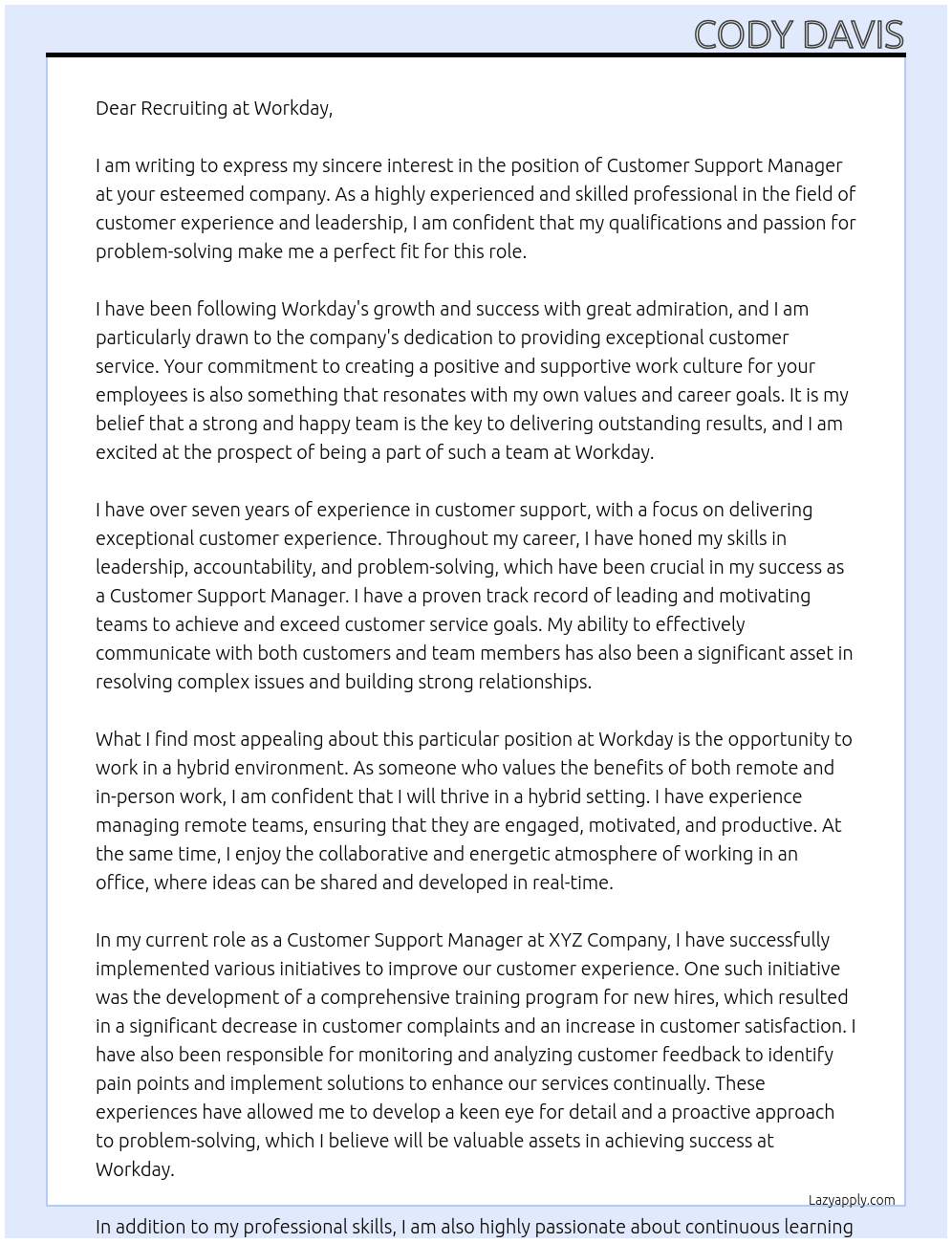 Customer Support Manager At Workday Cover Letter