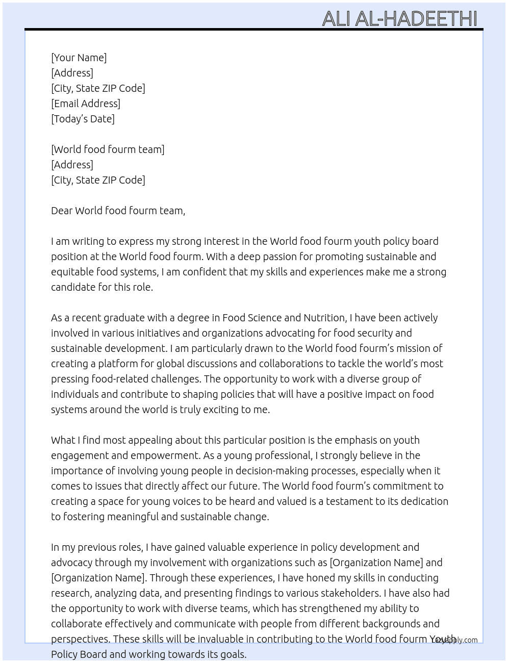 World food fourm youth policy board  At World food fourm  Cover Letter