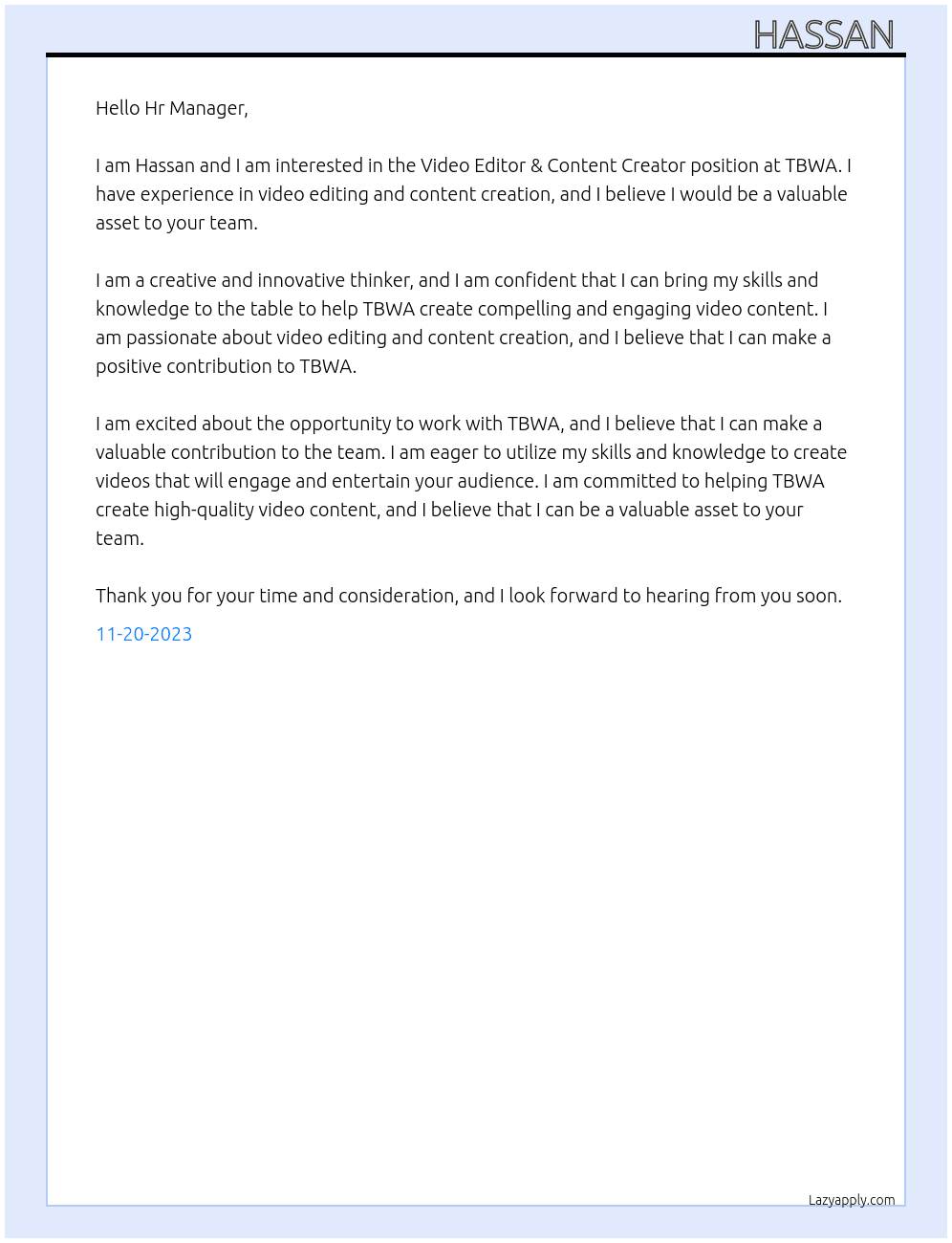 Video Editor & Content Creator At TBWA Cover Letter