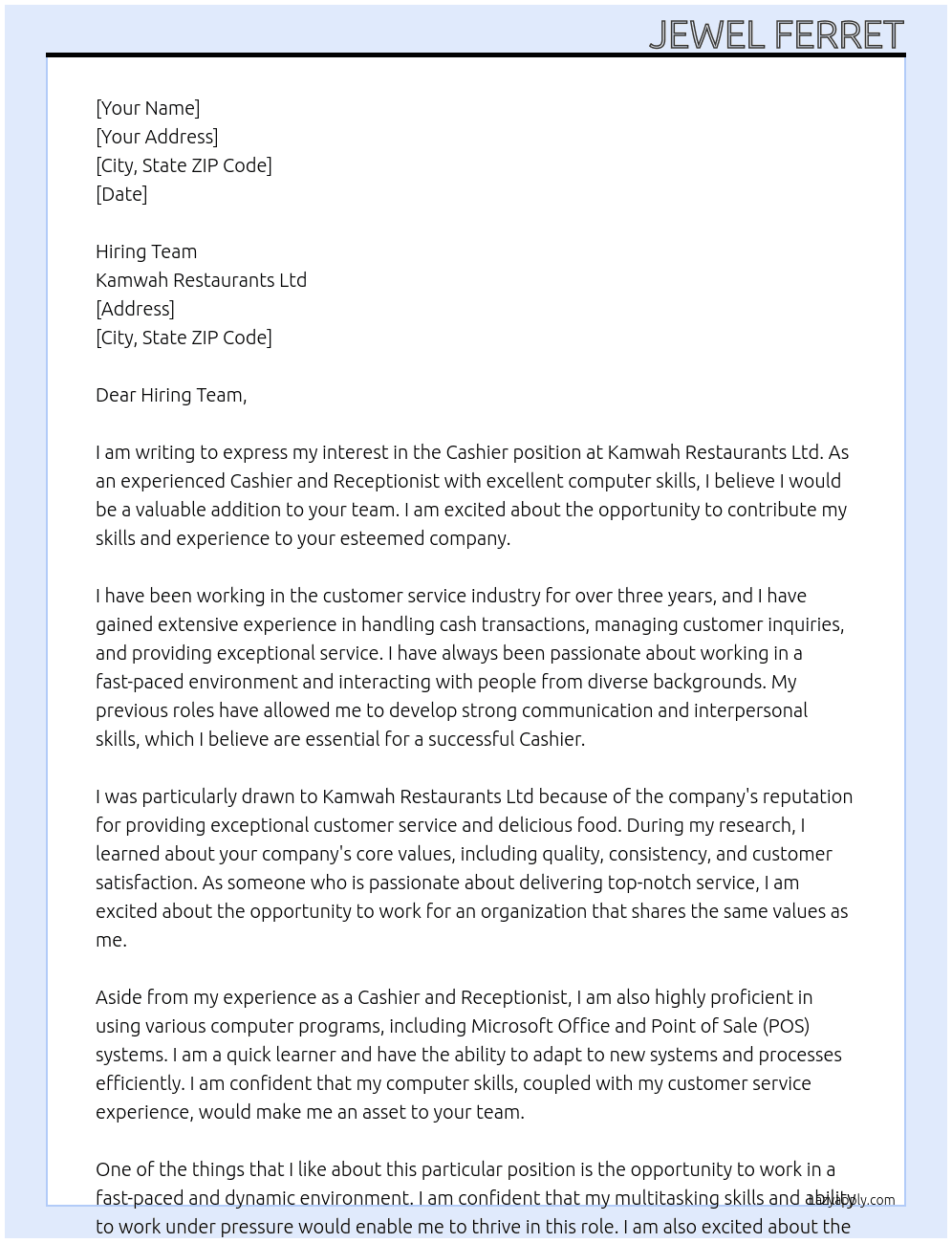 Cashier  At Kamwah Restaurants Ltd Cover Letter