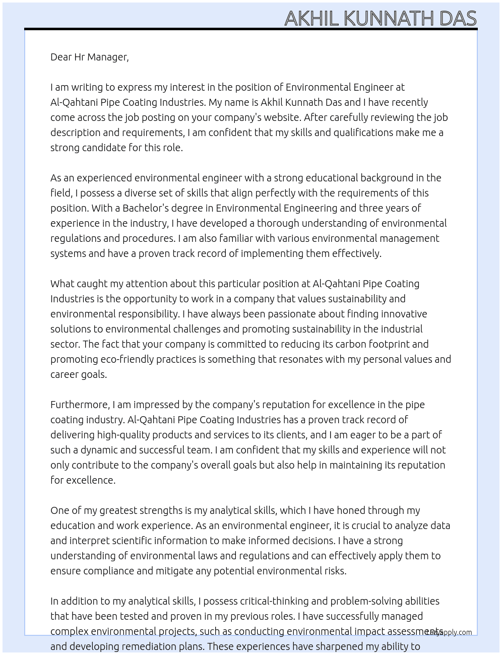 Environmental Engineer At Al- Qahtani pipe coating industries  Cover Letter