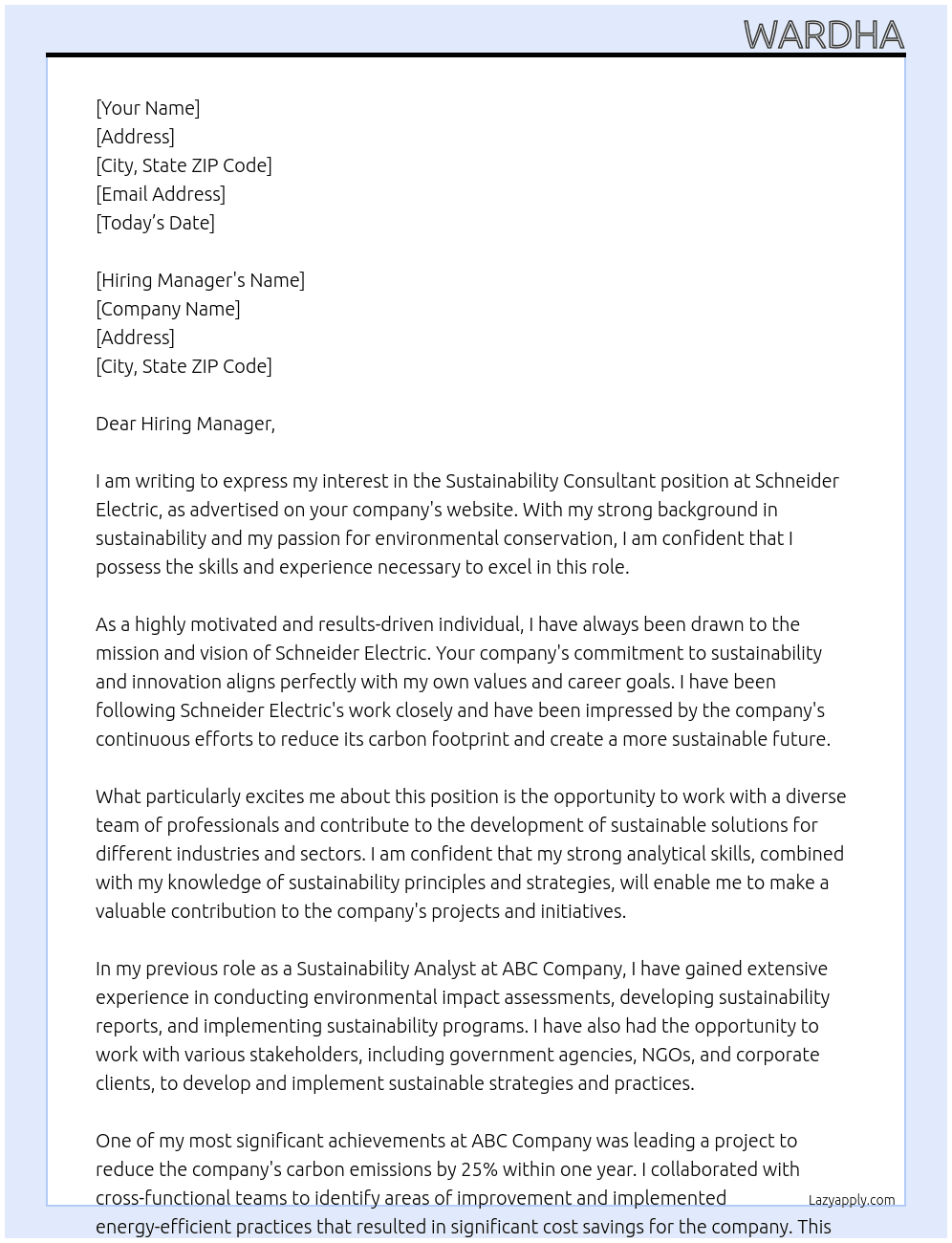 Sustainability consultant  At Schneider Electric Cover Letter