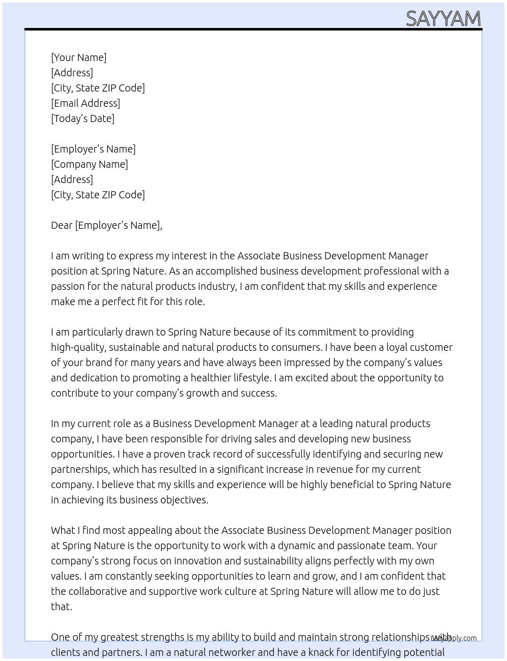Associate Business development Manager  At Spring Nature  Cover Letter