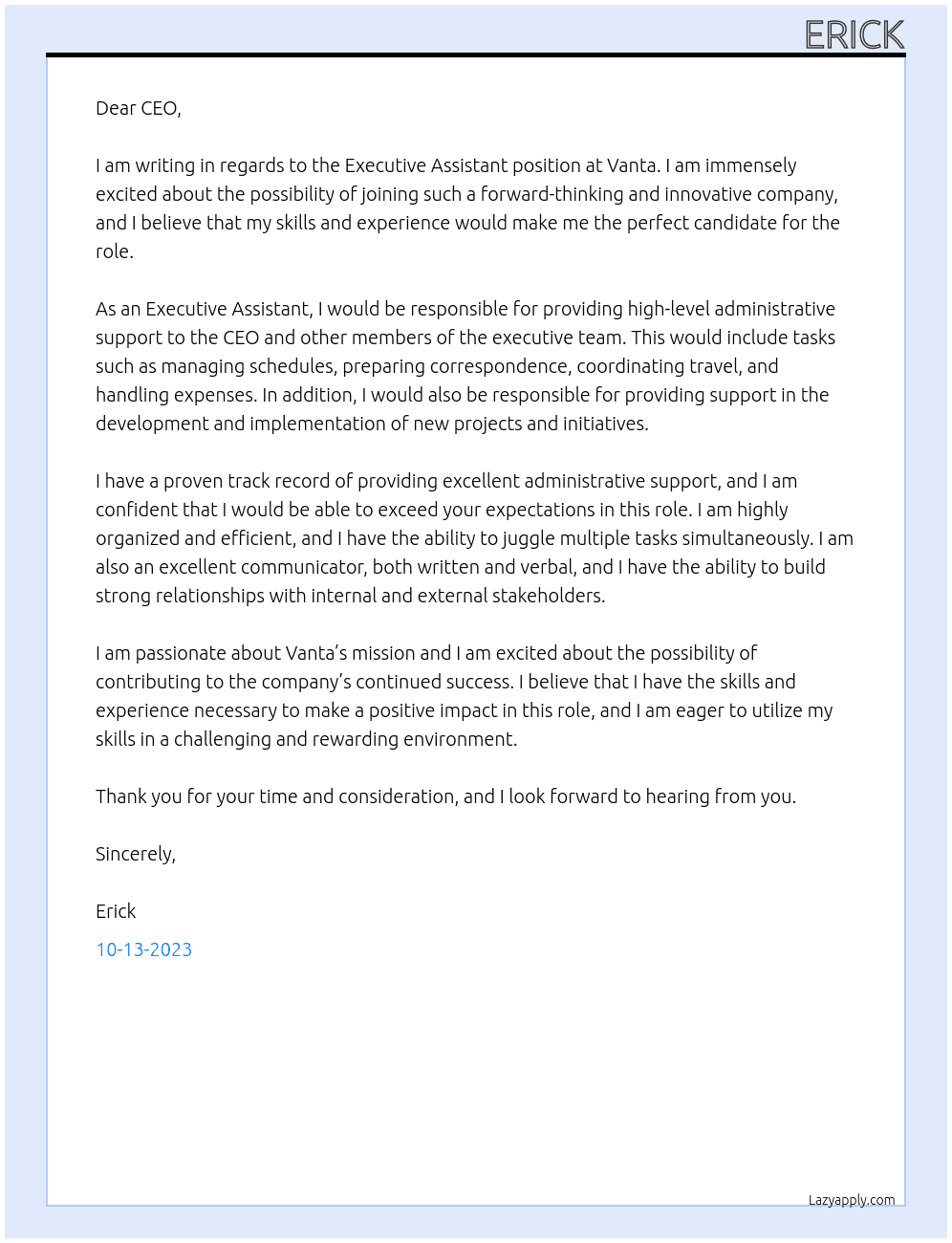 Executive Assistant At Vanta Cover Letter