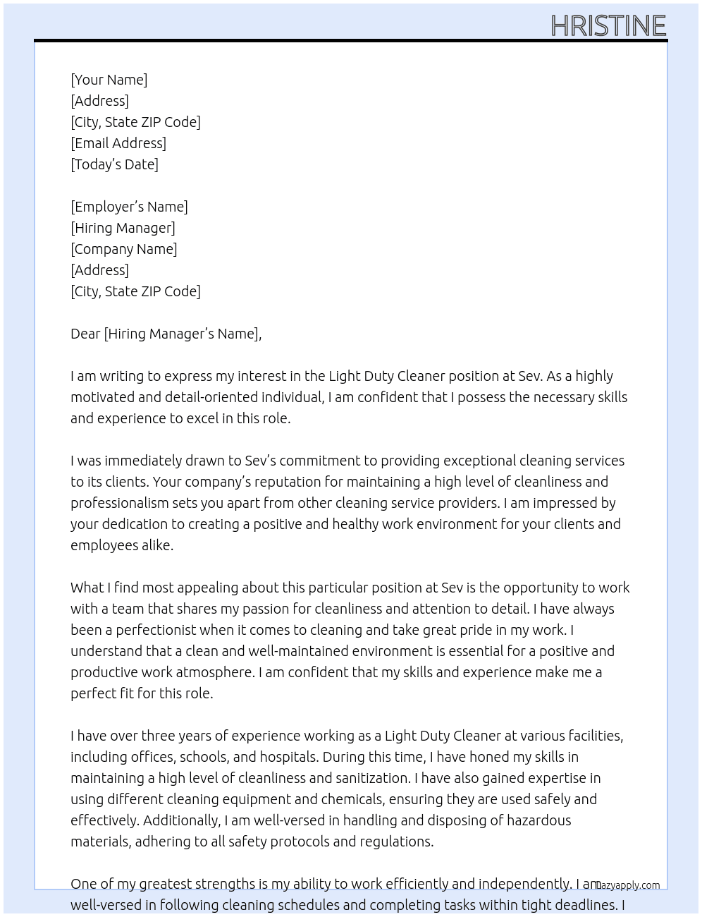 Light Duty Cleaner At sev Cover Letter