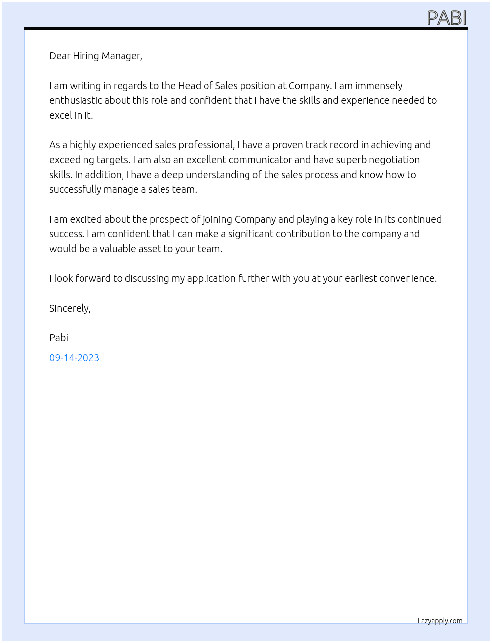 Head of Sales  At Company  Cover Letter