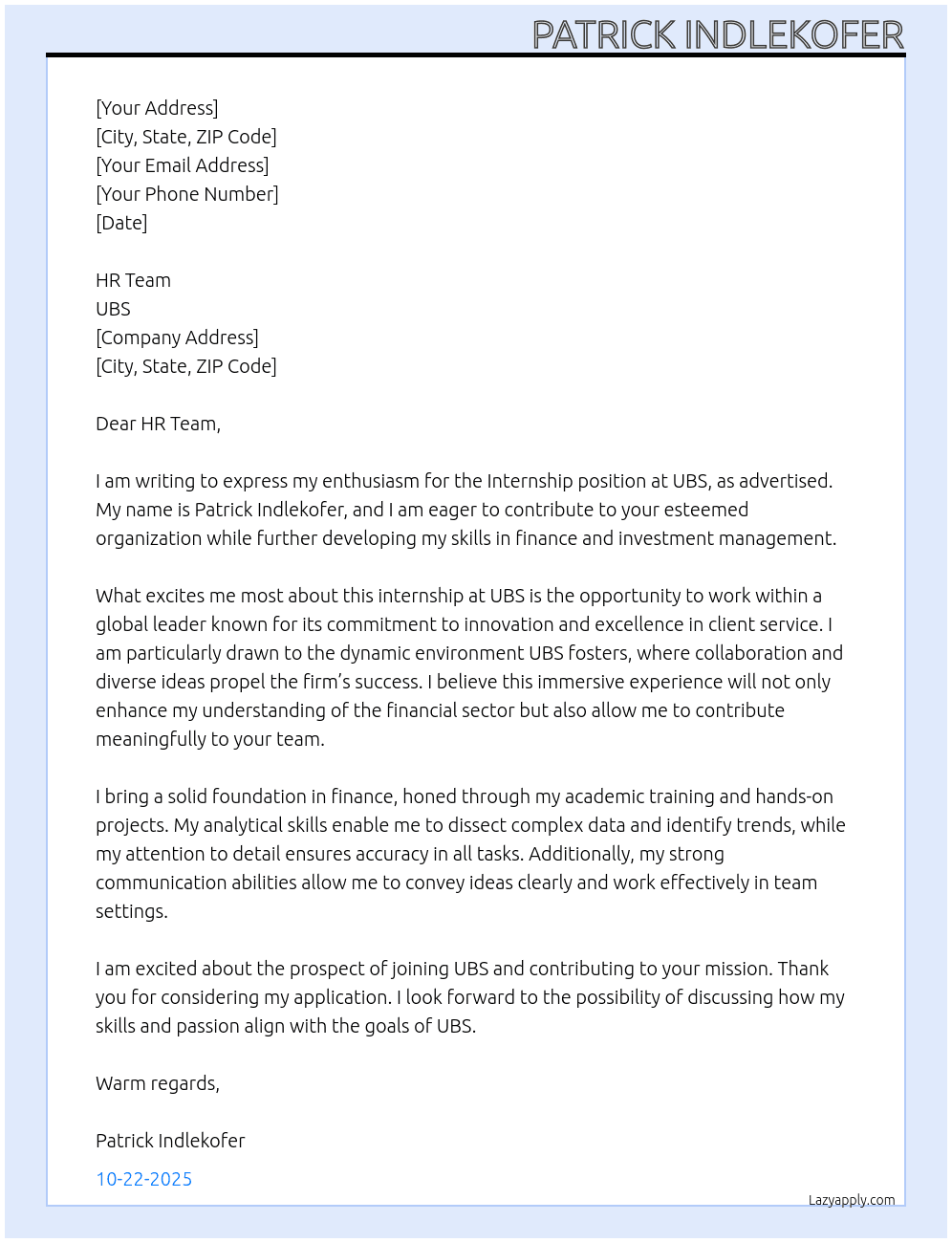 Internship At UBS Cover Letter