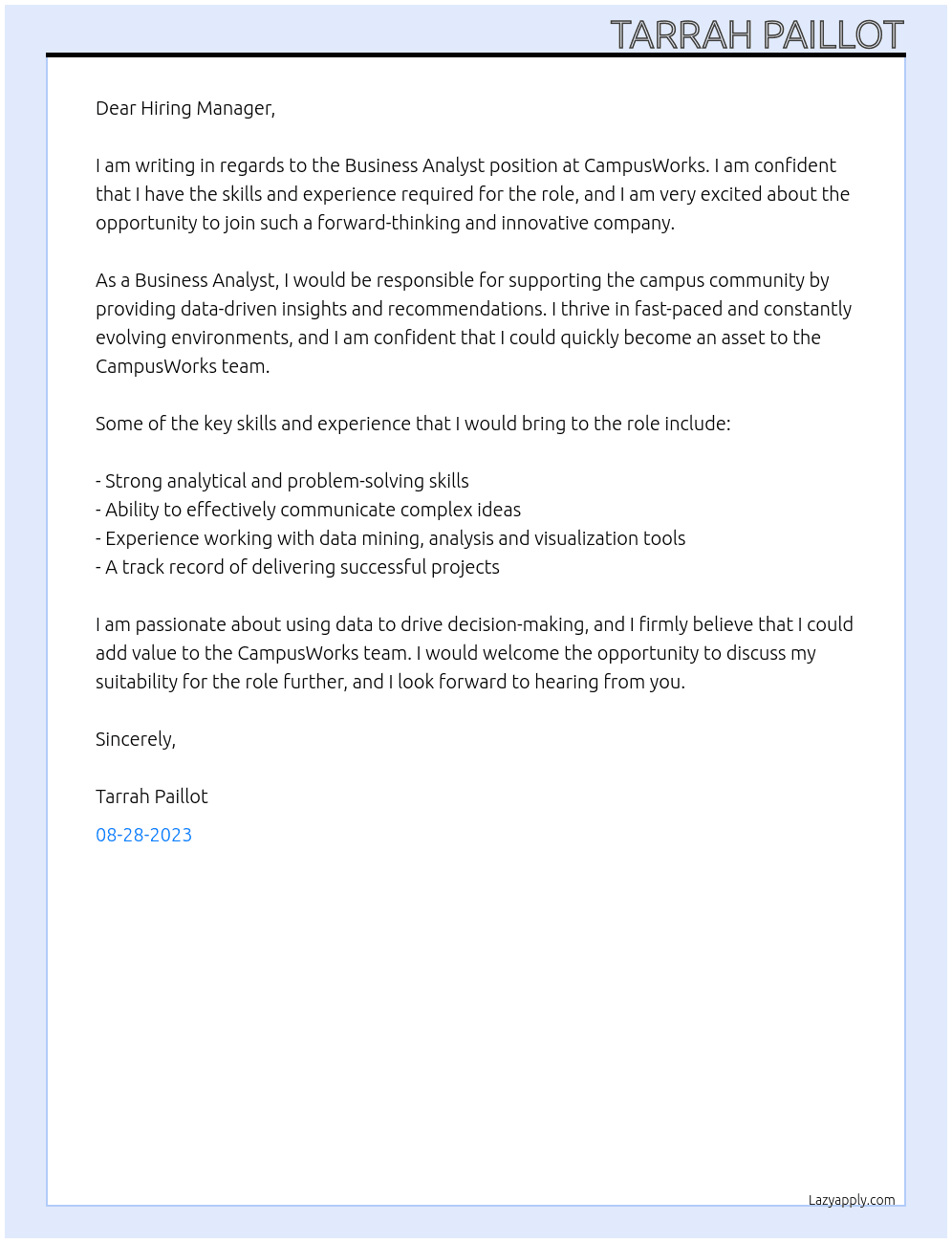 Business Analyst At CampusWorks Cover Letter