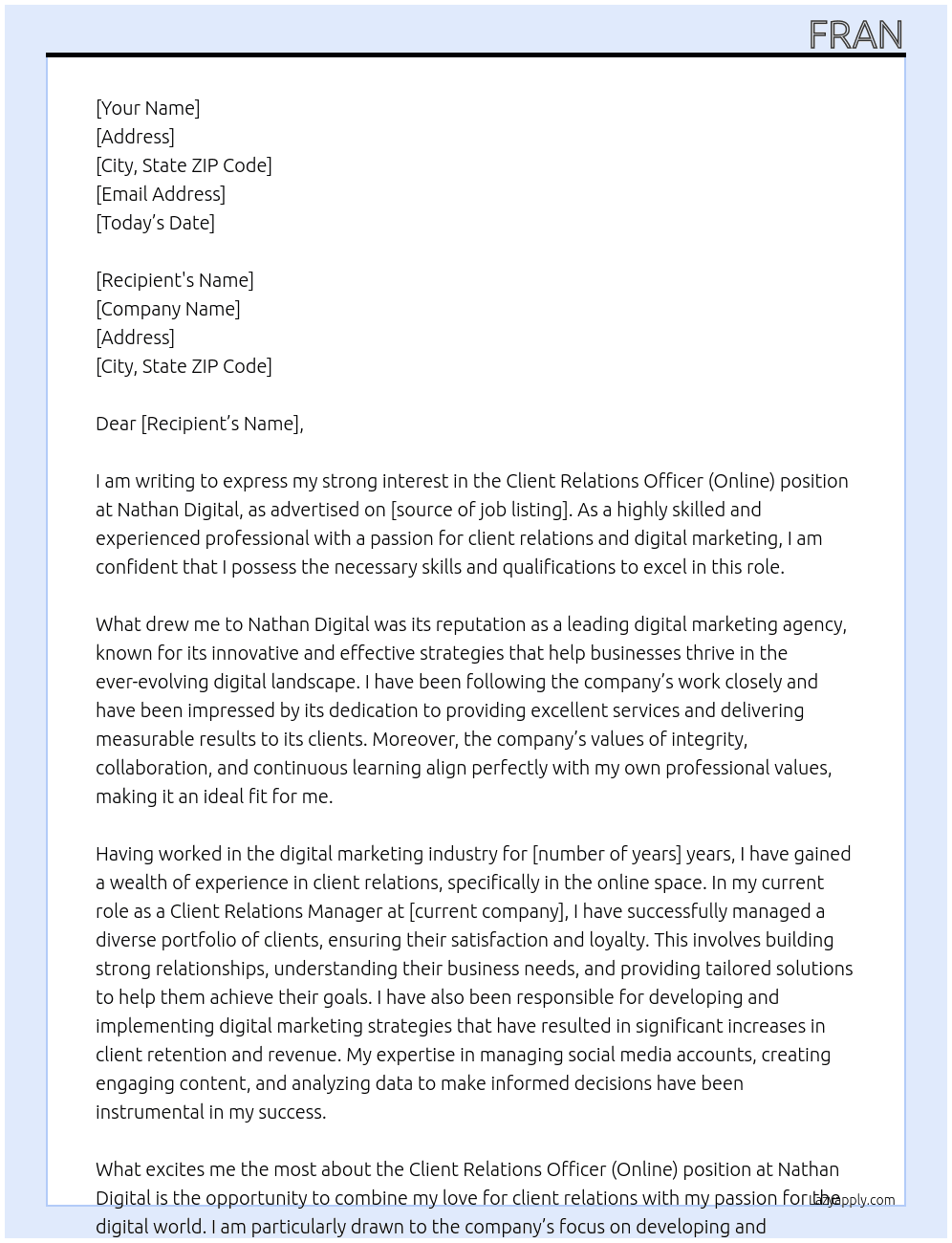 Client Relations Officer (Online) At Nathan Digital Cover Letter