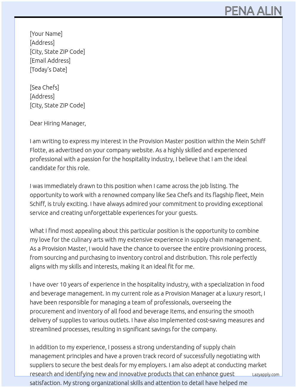 Provision Master At Mein Schiff Flotte Cover Letter