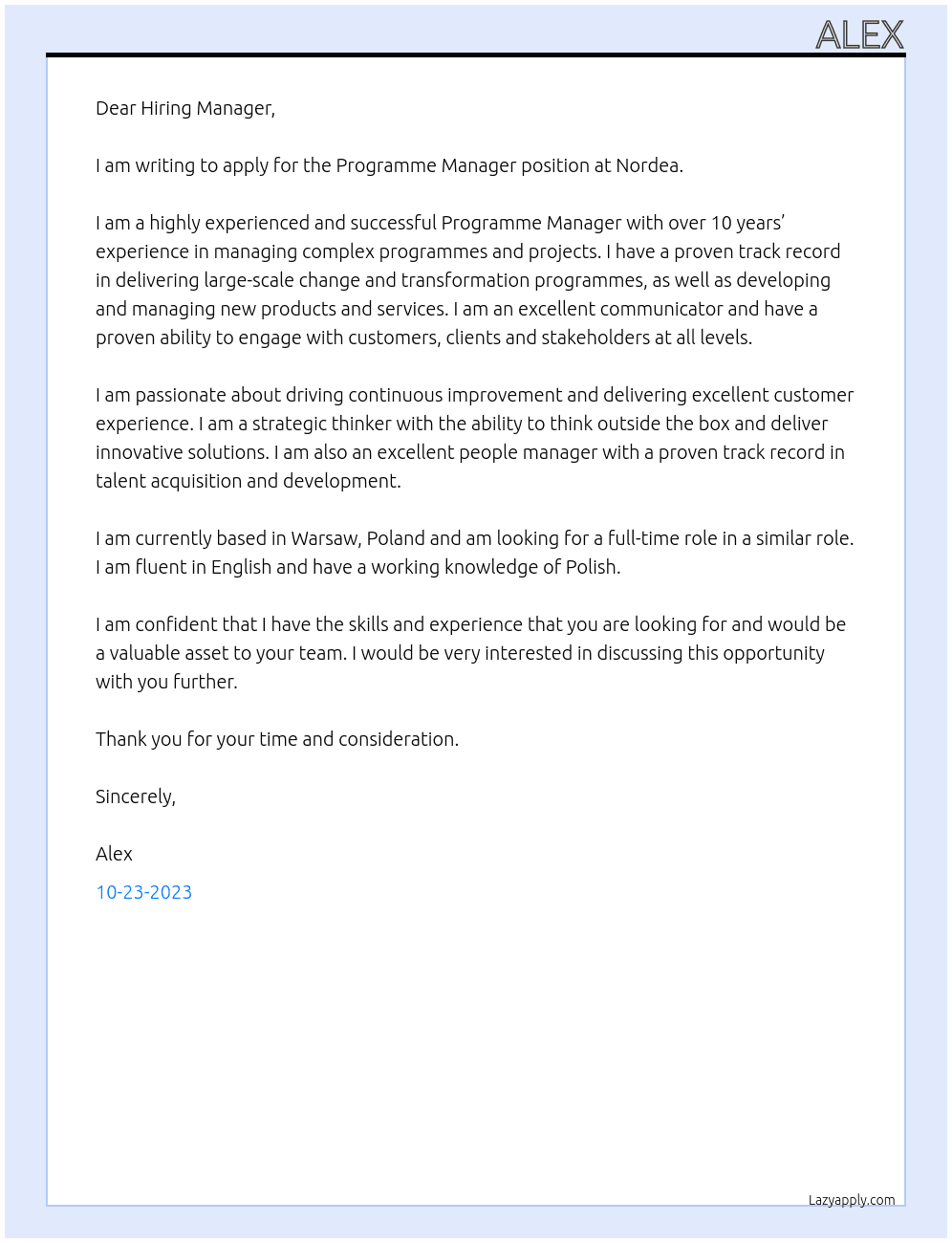 Programme manager At Nordea Cover Letter