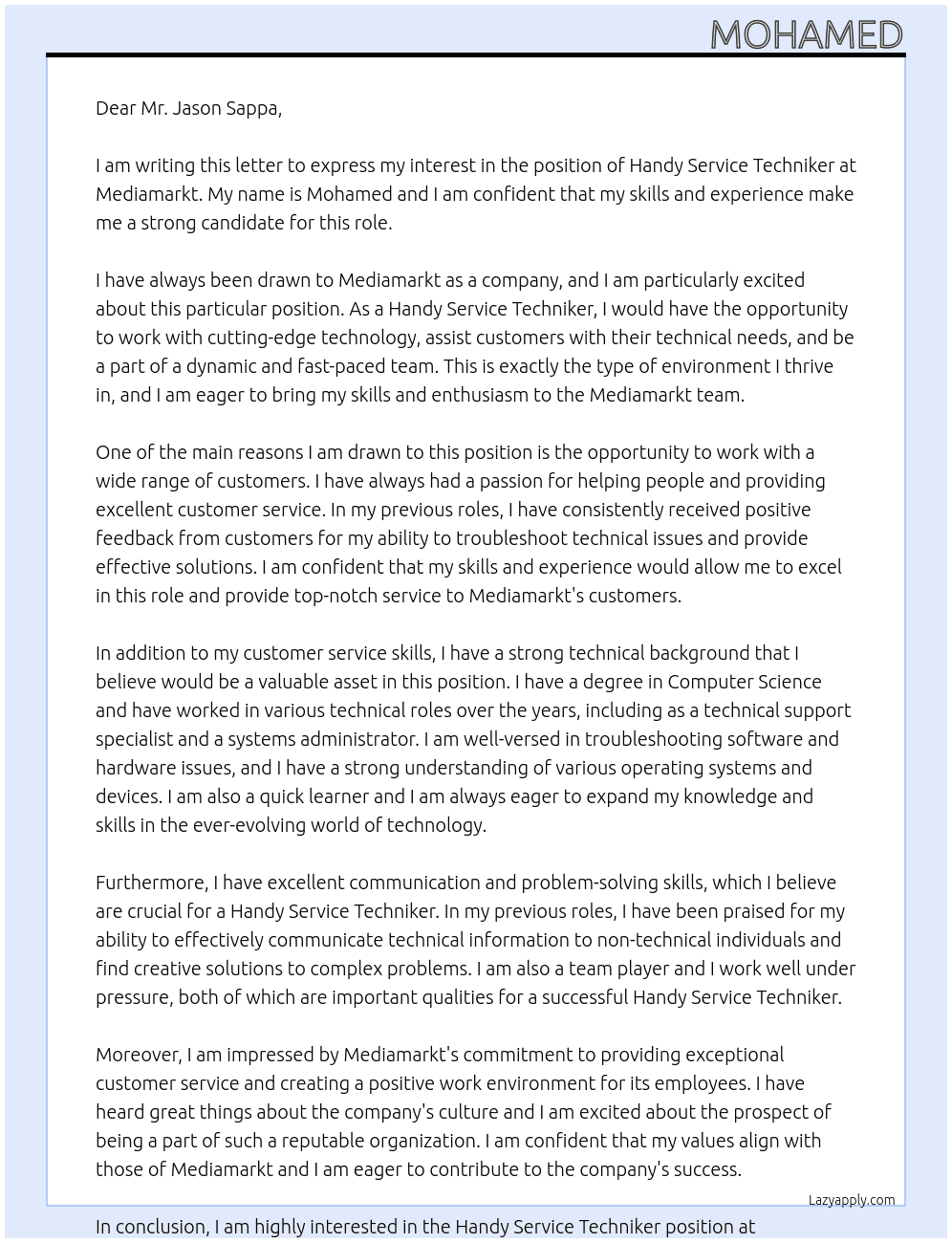 handy service techniker At mediamarkt Cover Letter