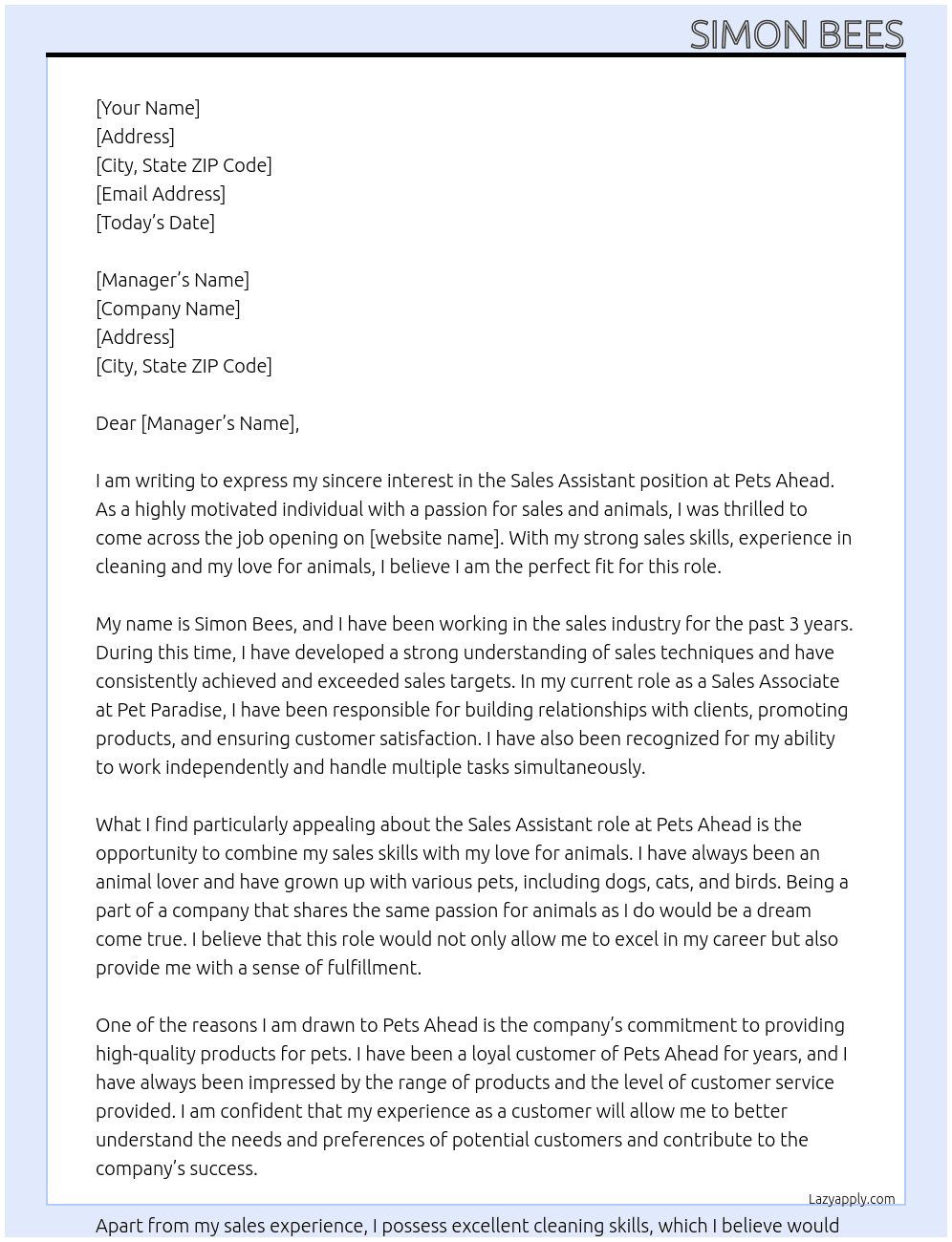 Sales assistant  At Pets ahead Cover Letter