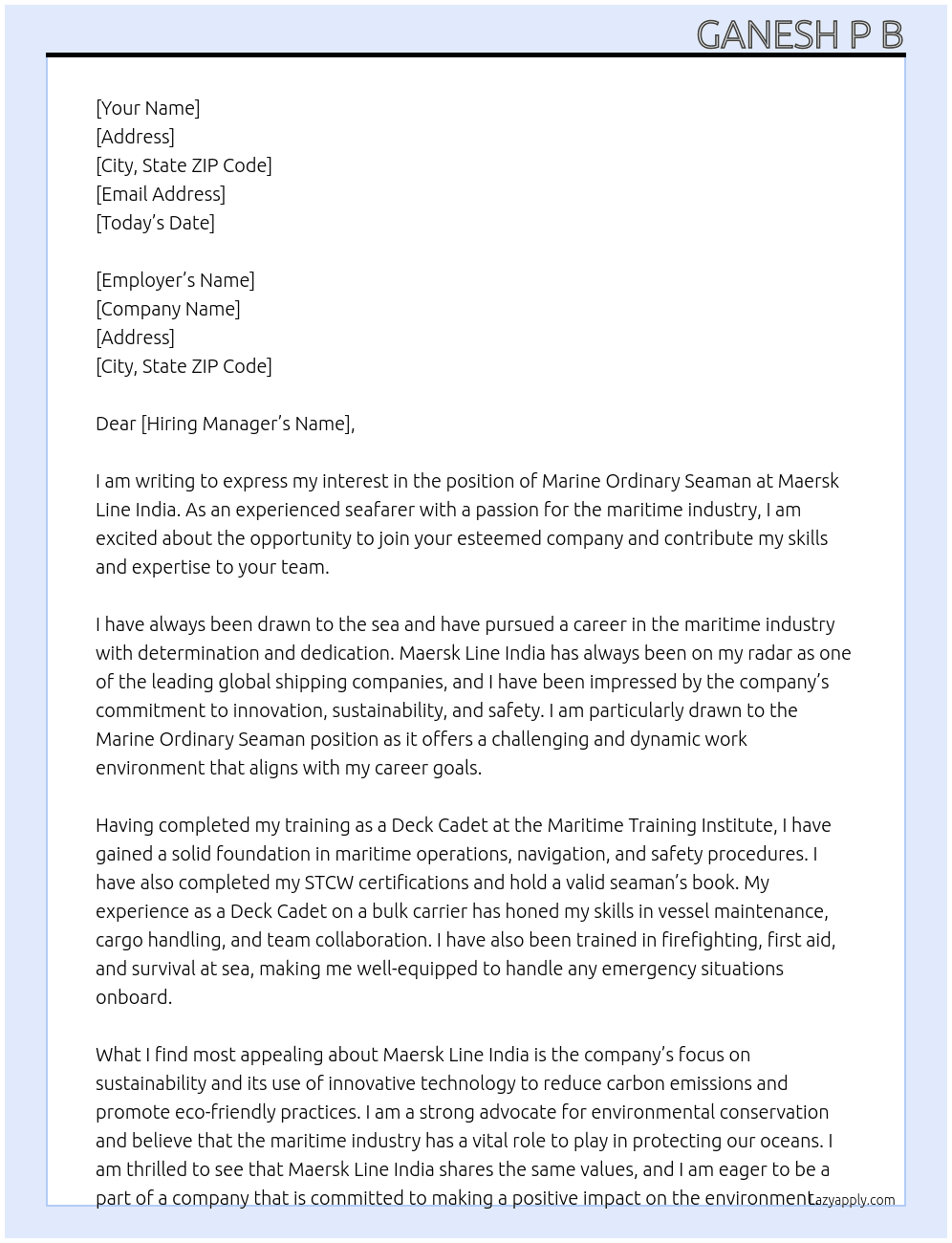 Marine Ordinary Seaman At Maersk Line India Cover Letter