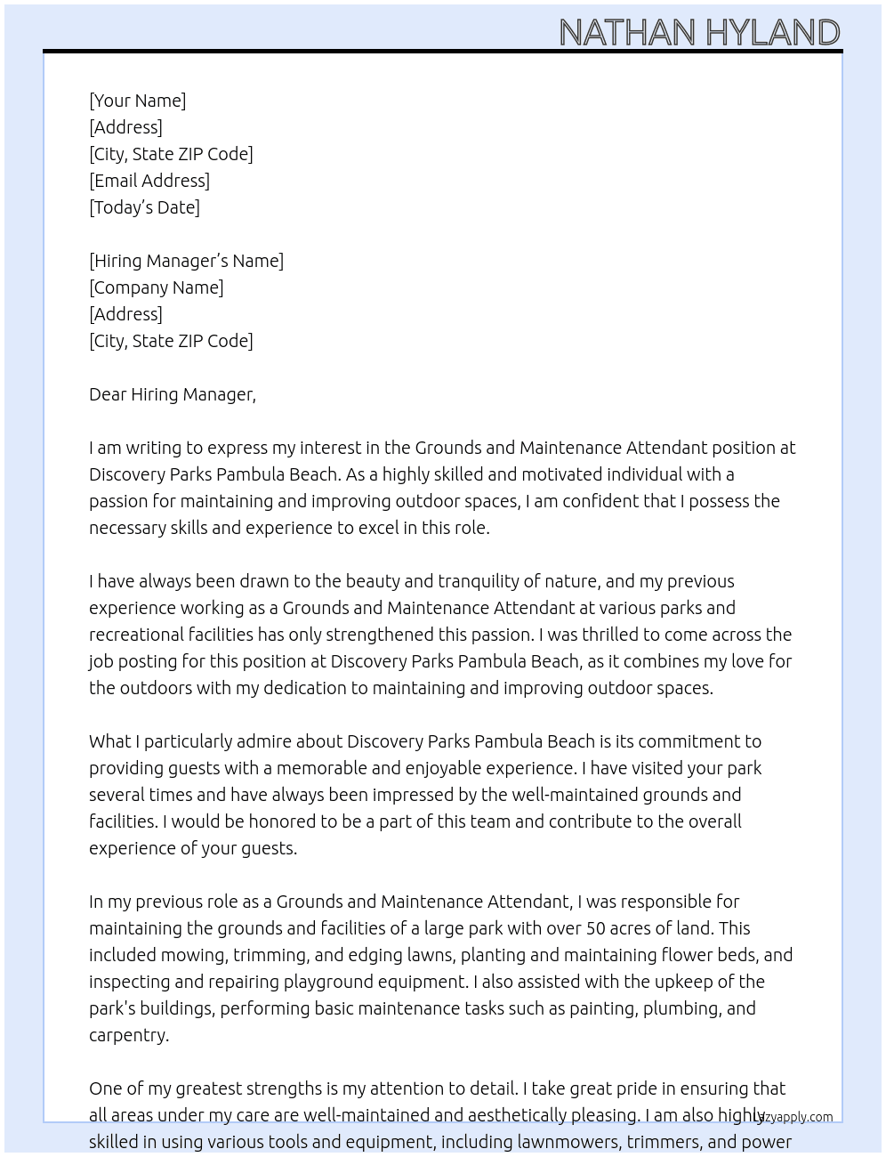 Grounds and Maintenance attendant At Discovery Parks Pambula Beach Cover Letter