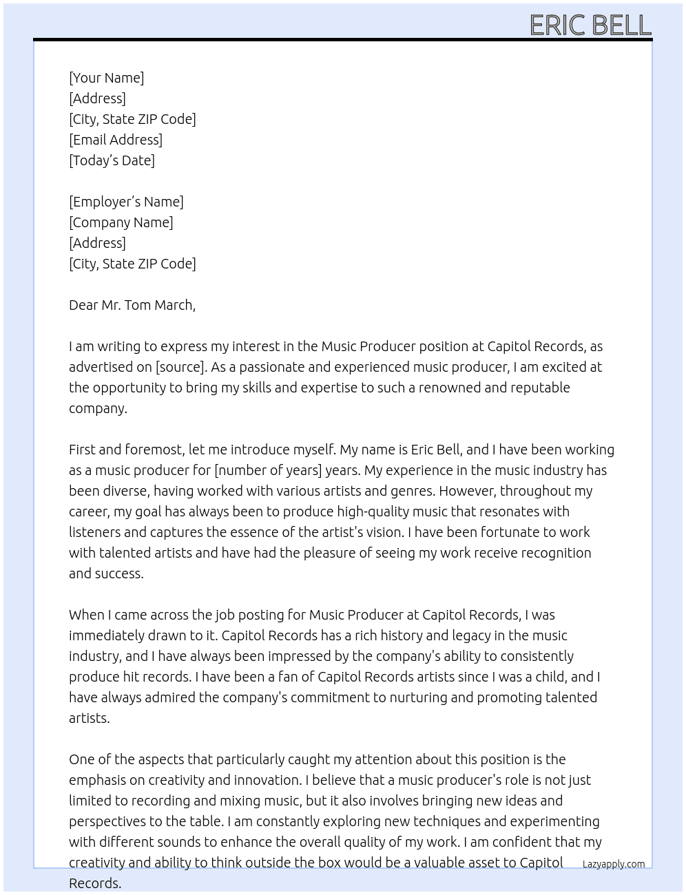 Music Producer At Capitol Records Cover Letter