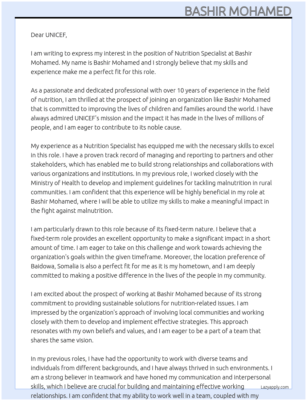 Nutrition Specialist At Bashir Mohamed Cover Letter