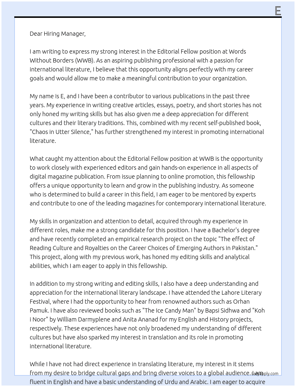 Editorial Fellow At wwb Cover Letter