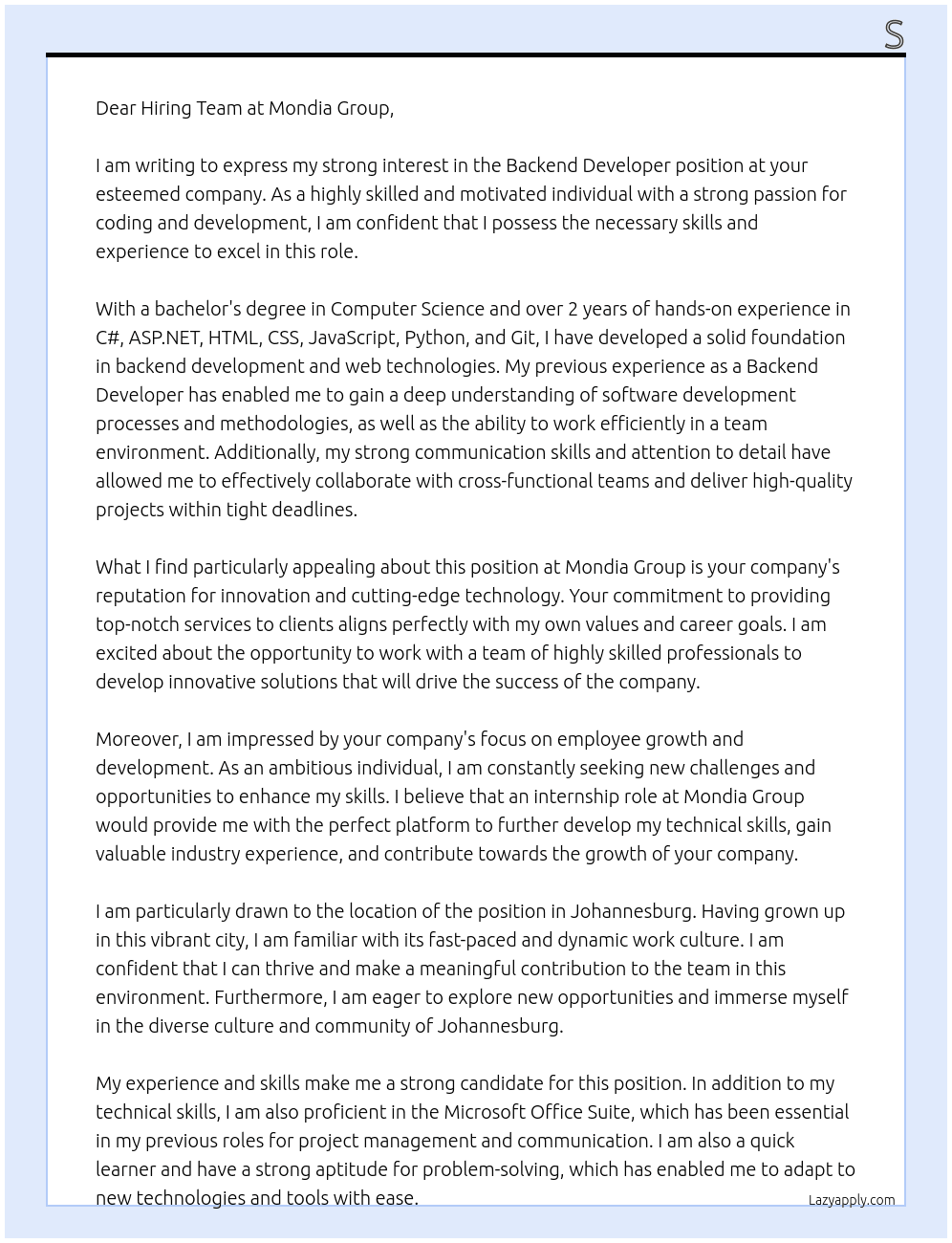 Backend Developer At Mondia Group Cover Letter