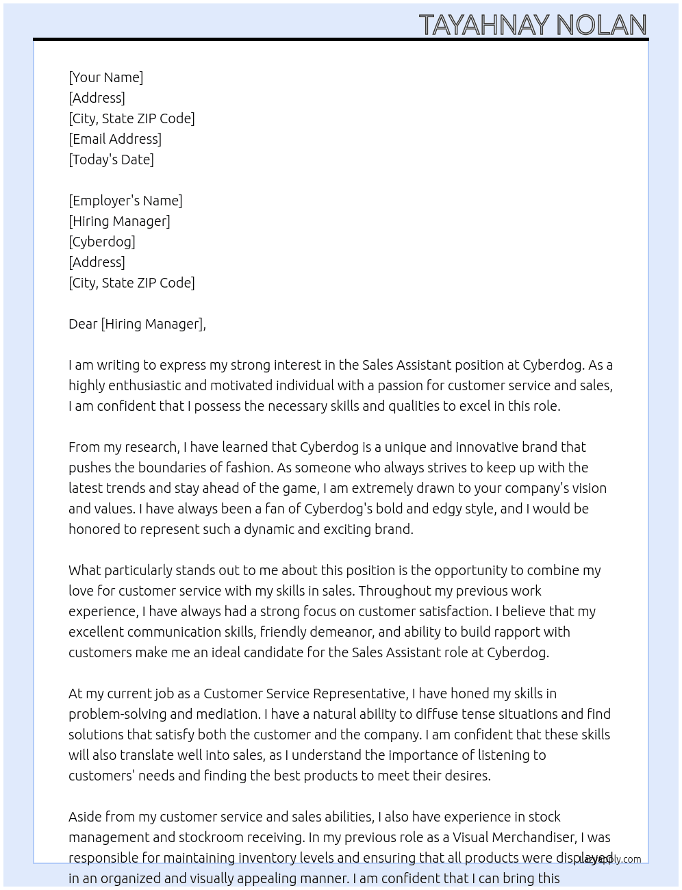 sales assistant At cyberdog Cover Letter