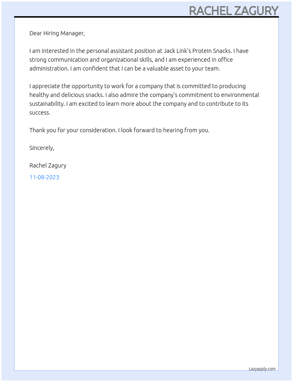 Personal assistant At Jack Link's Protein Snacks Cover Letter