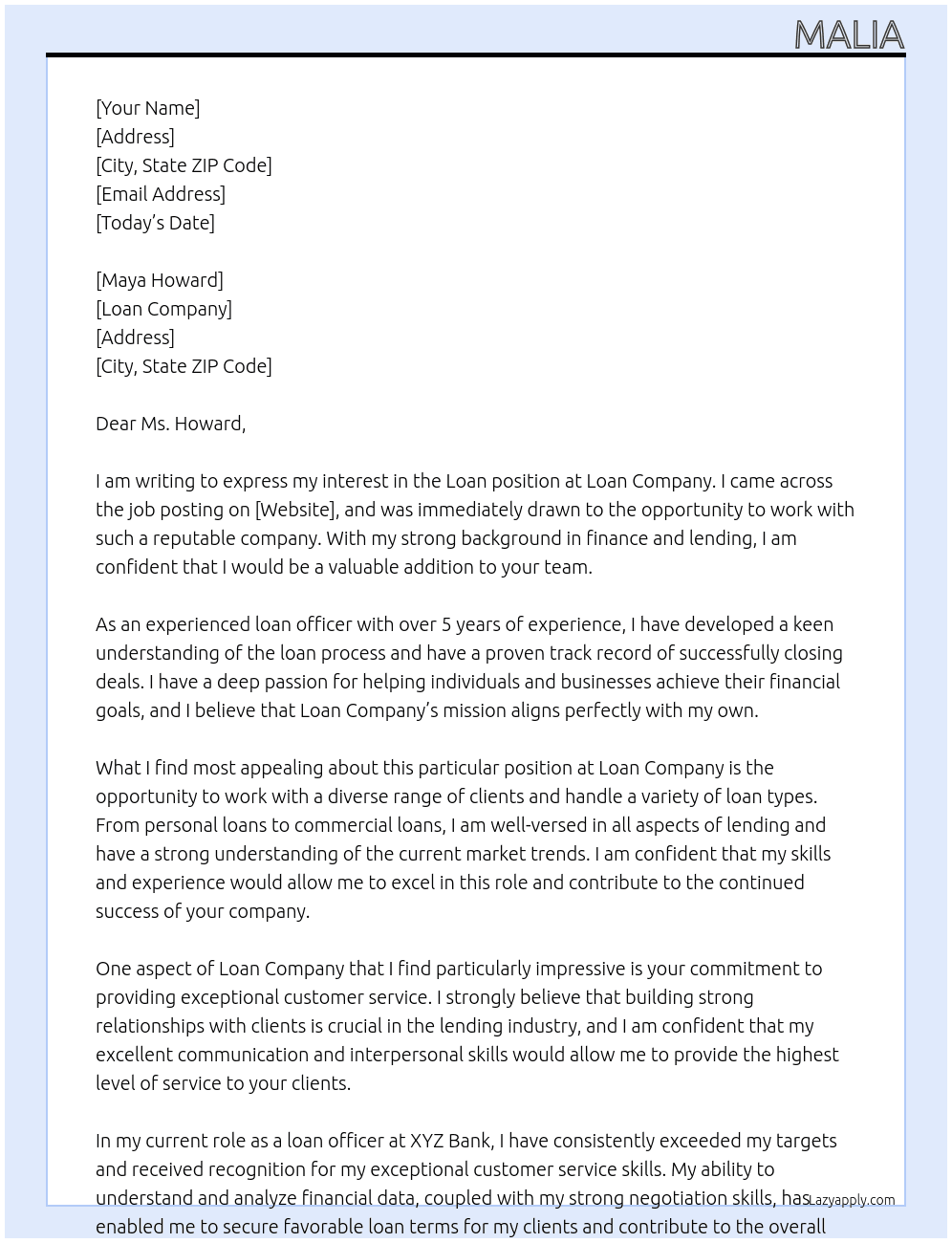 Loan At Loan Cover Letter