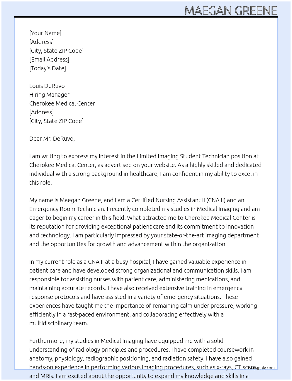 Limited Imaging Student Technician At Cherokee Medical Center Cover Letter