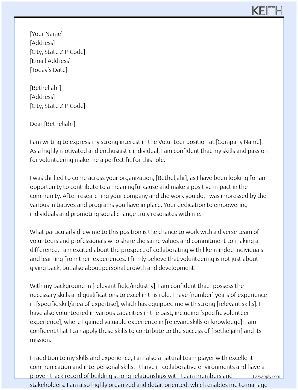 Volunteer At Betheljahr  Cover Letter
