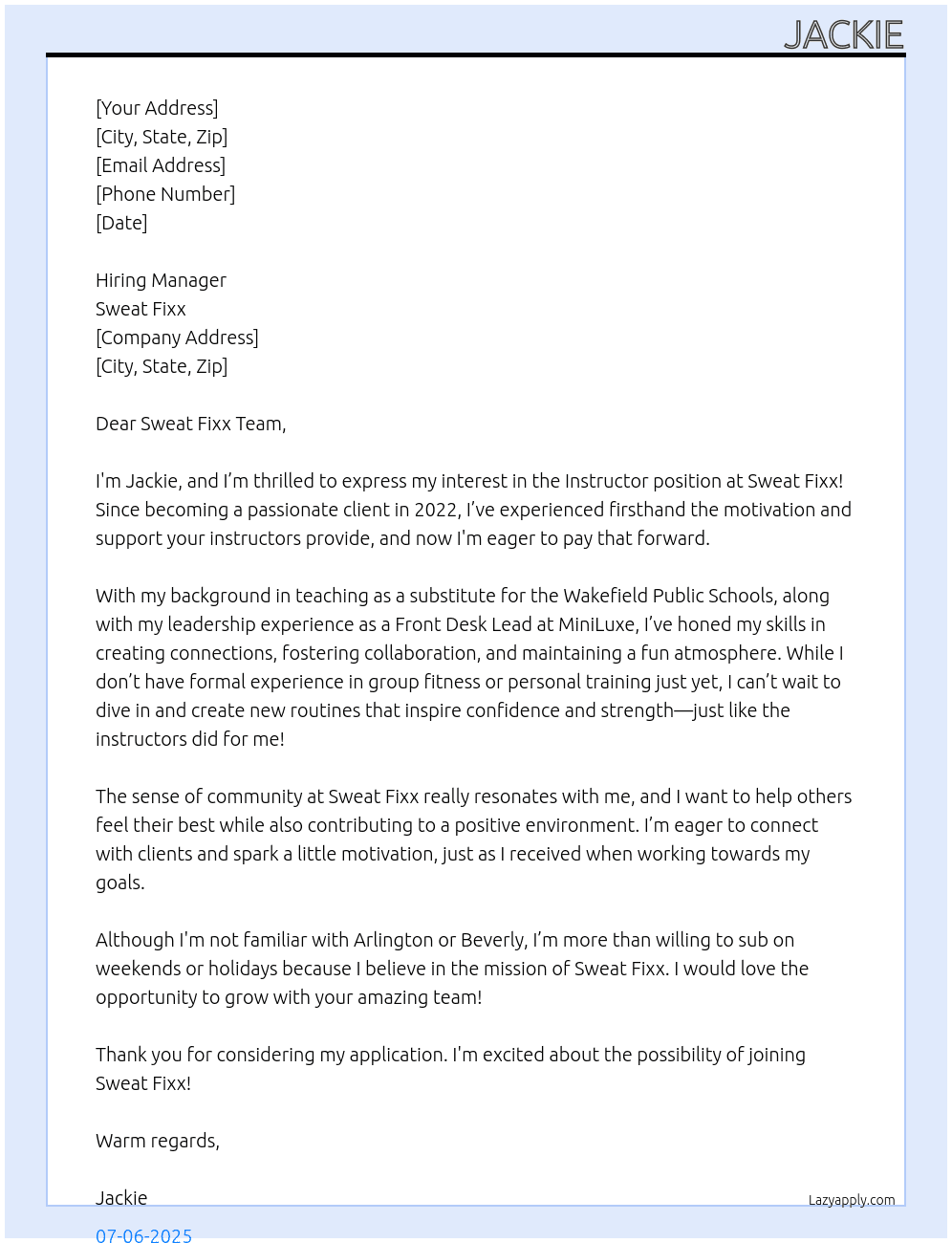 Instructor At Sweat Fixx Cover Letter