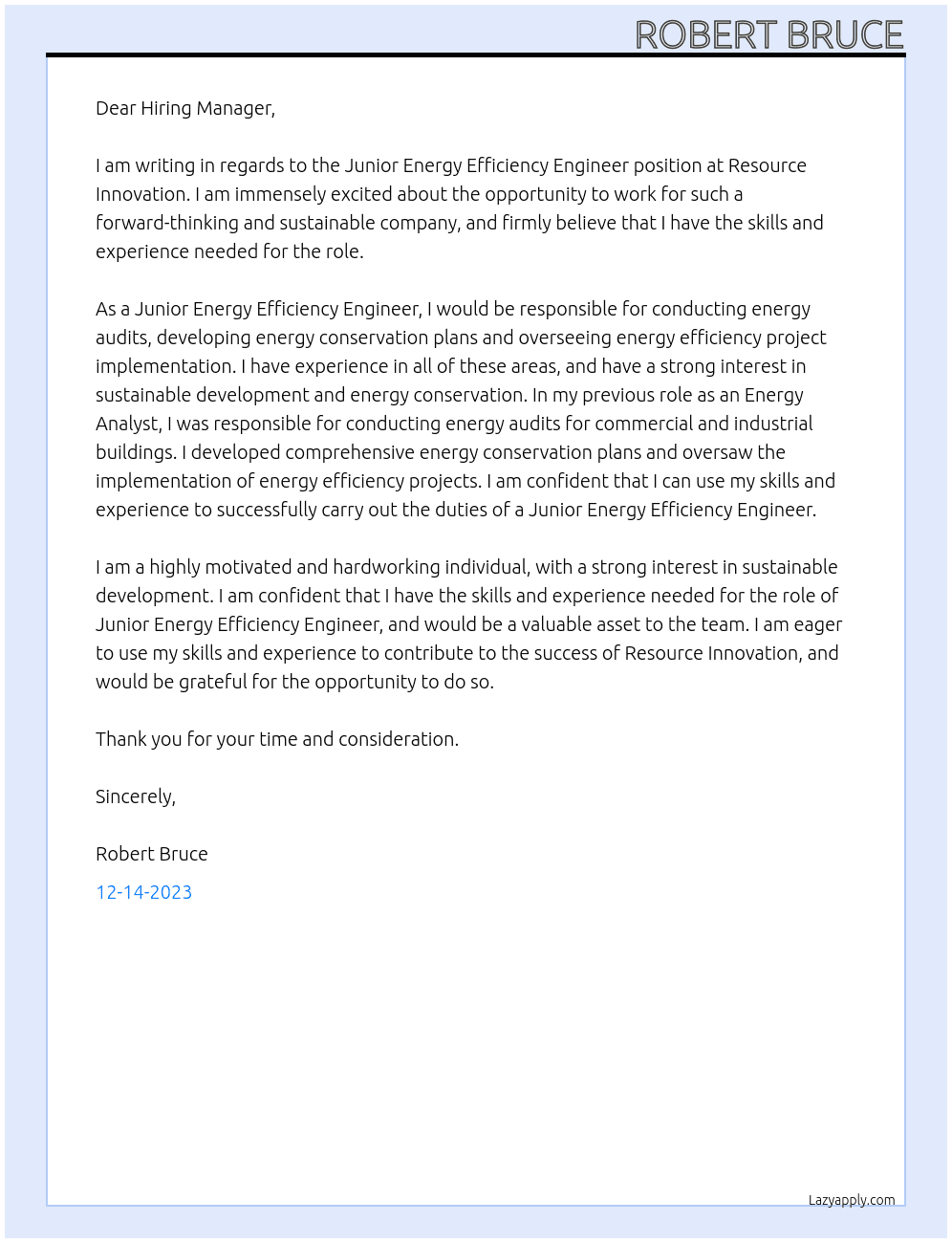 Junior Energy Efficiency Engineer At Resource Innovation Cover Letter
