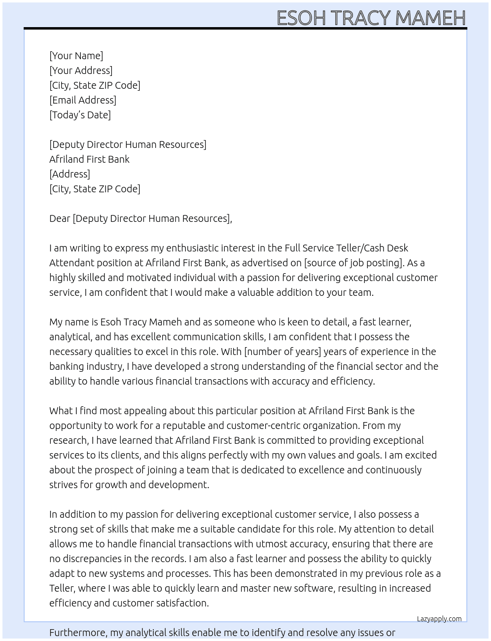 Full Service Teller/Cash Desk Attendant At Afriland First Bank Cover Letter