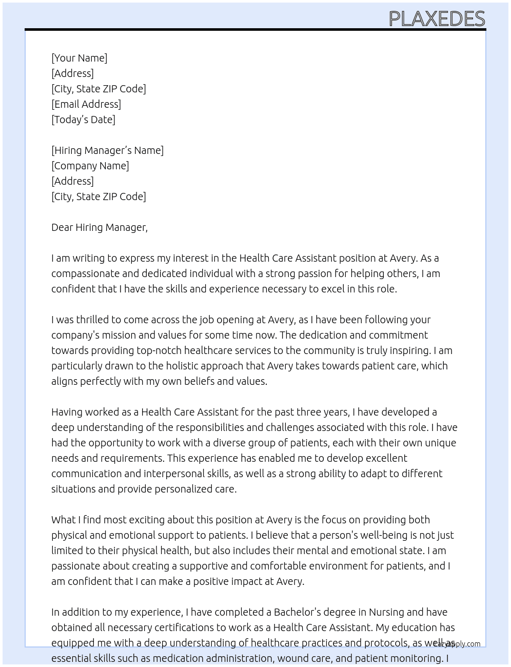 Health Care Assistant At Avery Cover Letter
