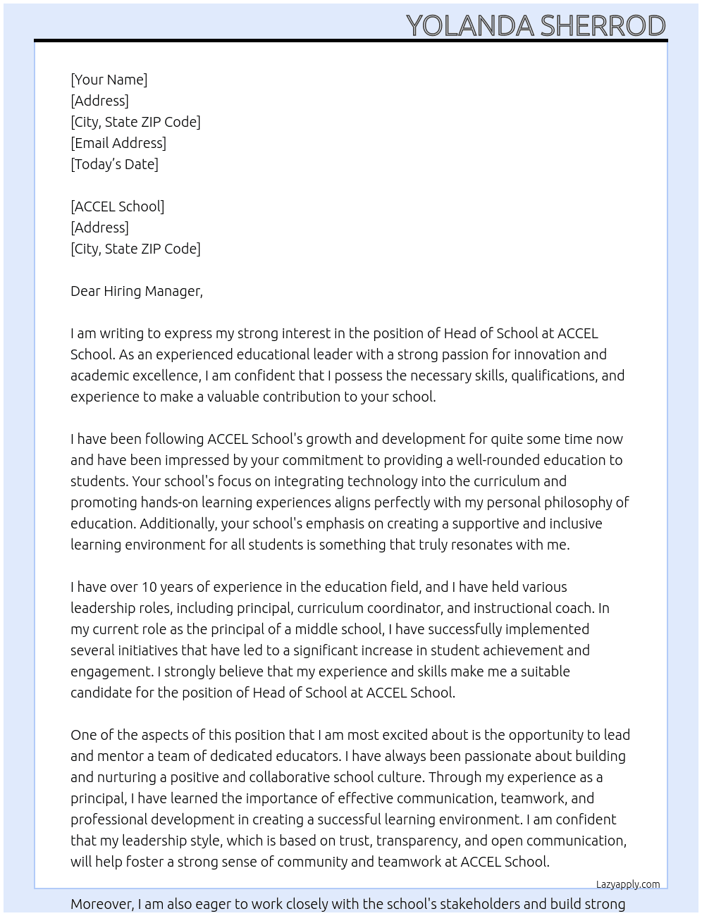 Head of School At ACCEL School Cover Letter