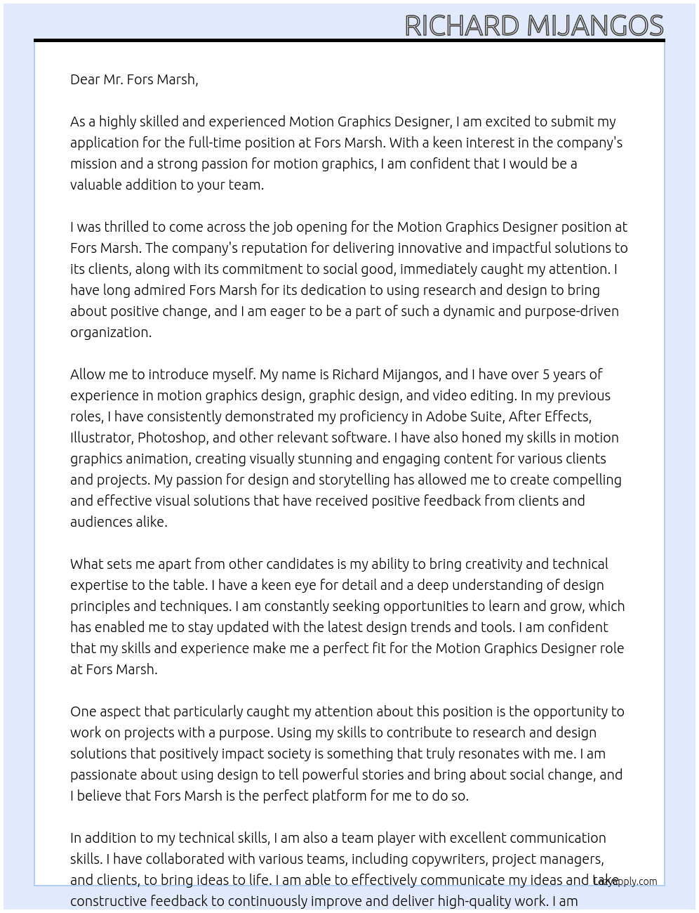 Motion Graphics Designer At Fors Marsh Cover Letter