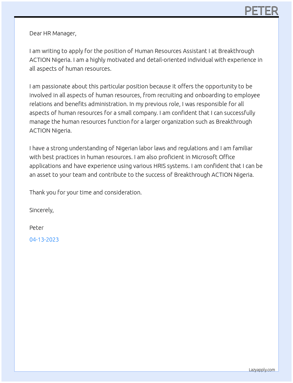 Human Resources Assistant I At Breakthrough ACTION Nigeria  Cover Letter