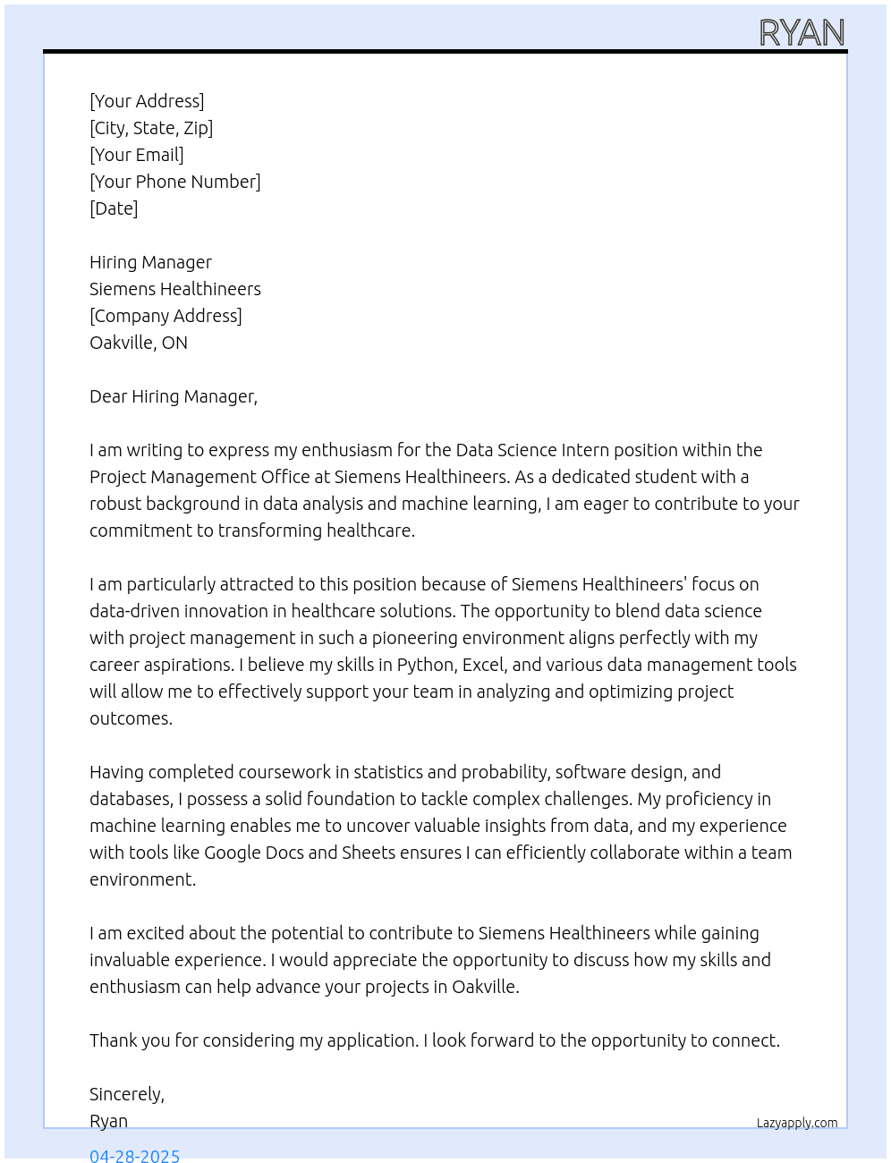 Cover letter for data science intern - project management office - LazyApply