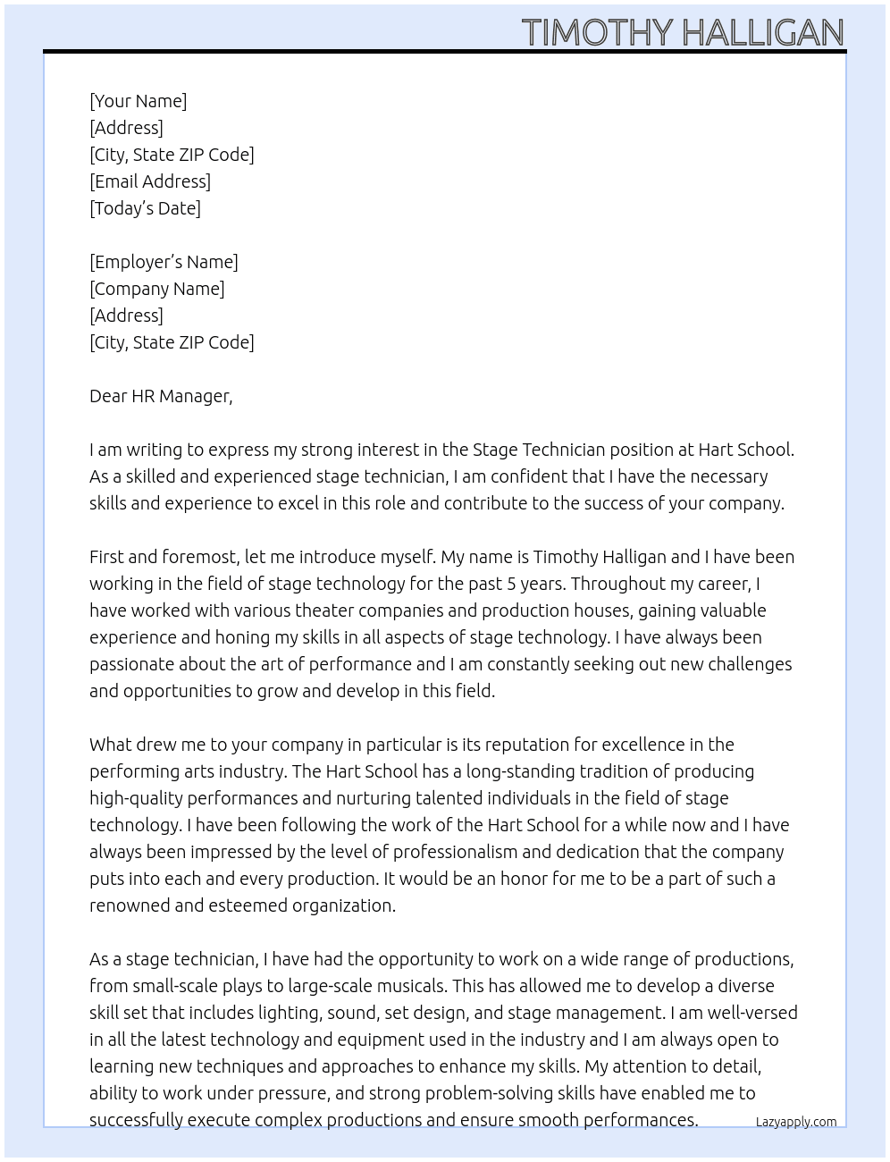 Stage Technician At Hart School Cover Letter
