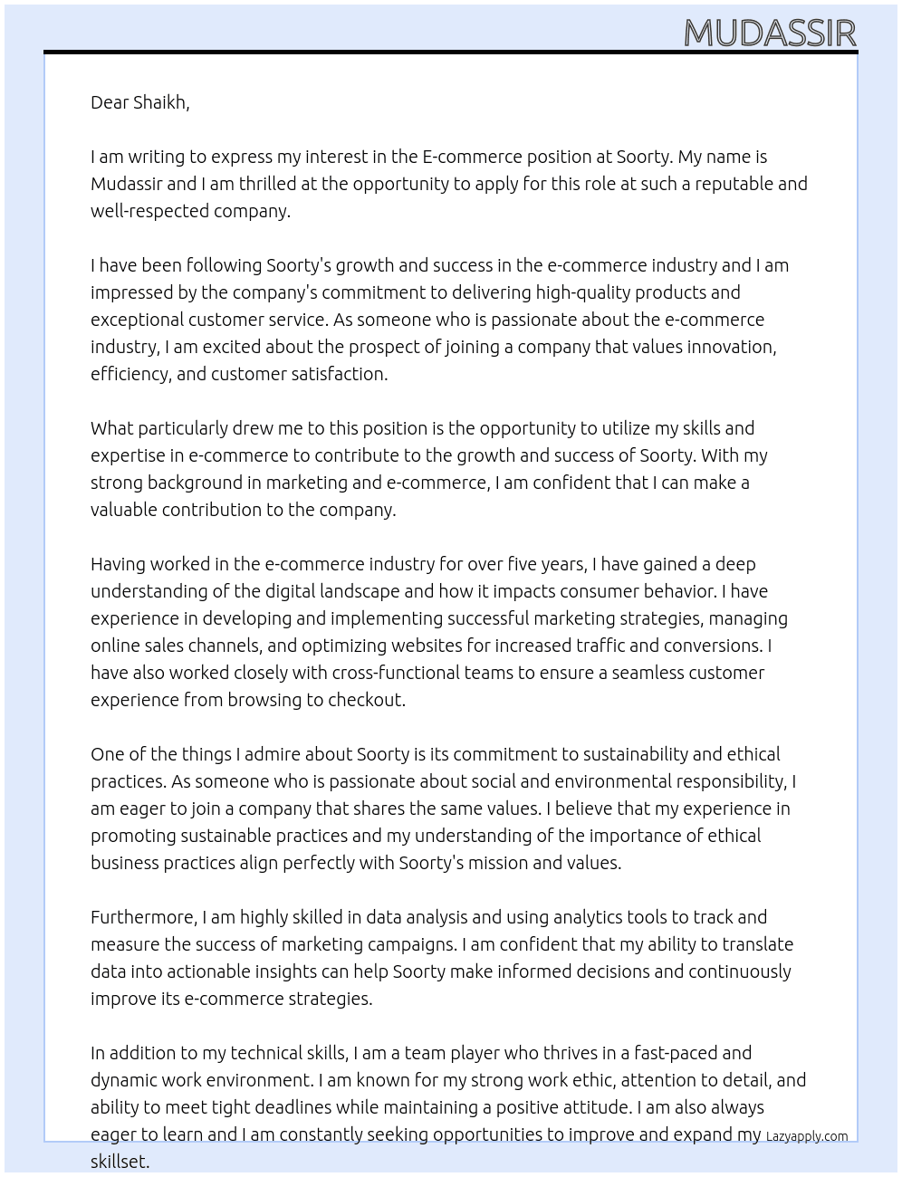 ecommerce At soorty Cover Letter