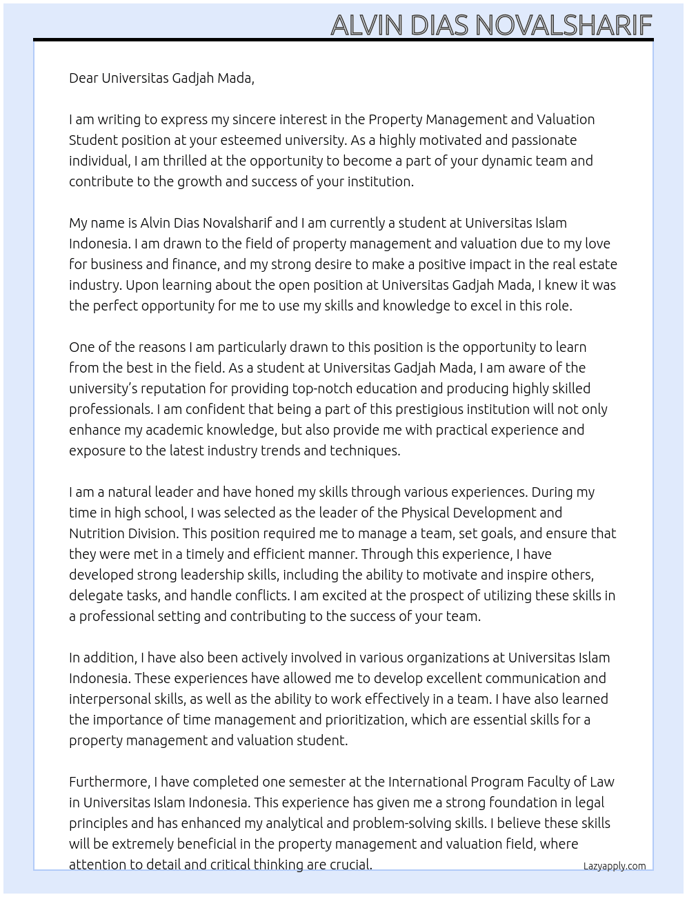 property management and valuation student At Universitas Gadjah Mada Cover Letter