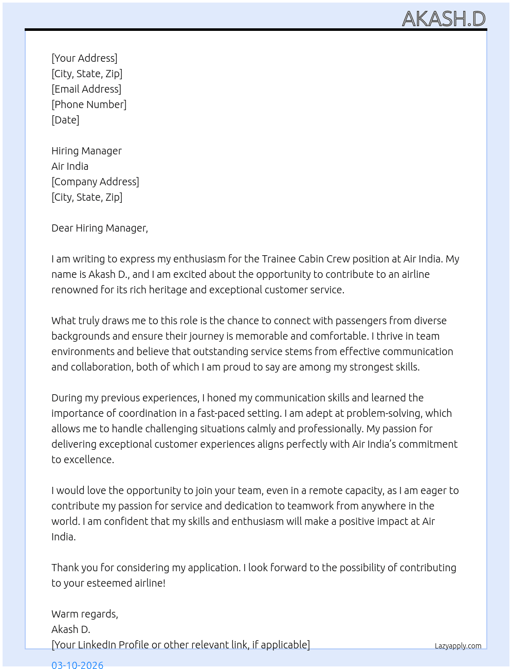 Trainee cabin crew At Air india  Cover Letter