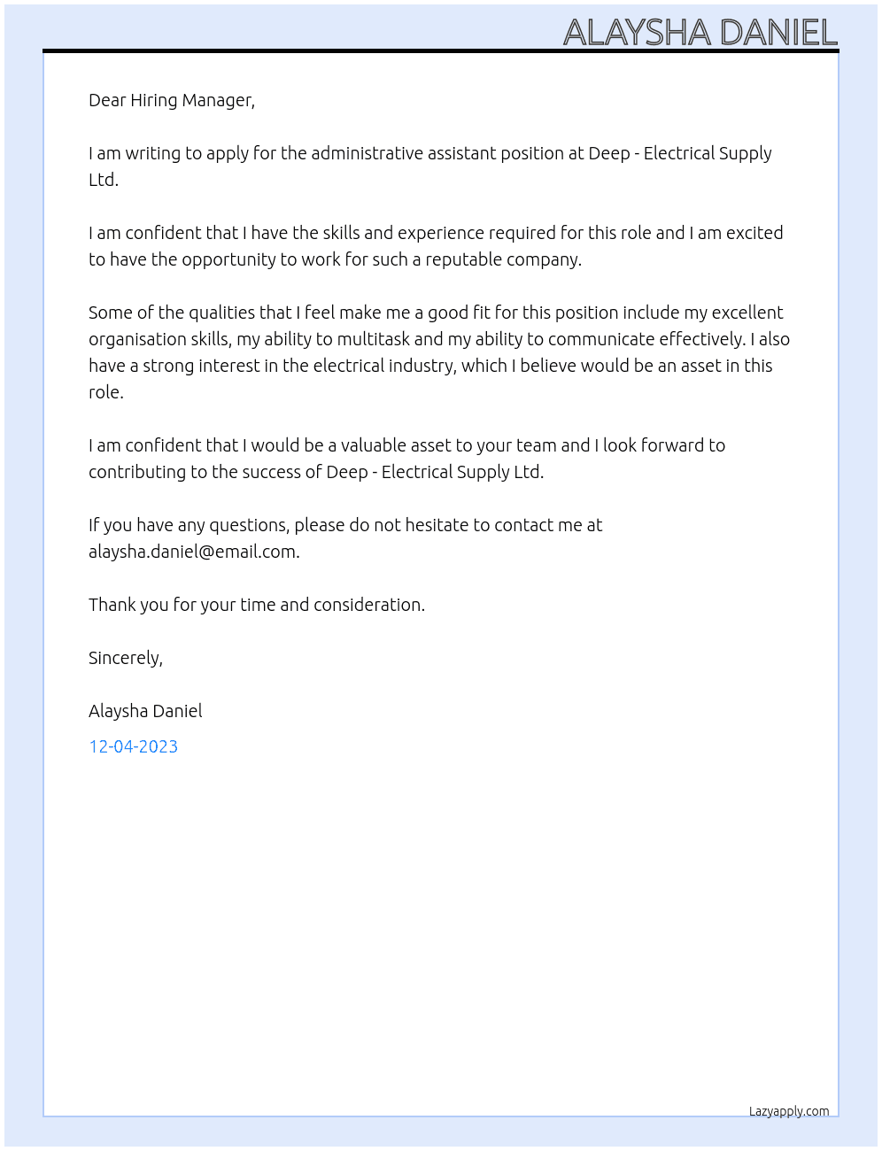 administrative assistant At Deep - Electrical Supply Ltd. Cover Letter
