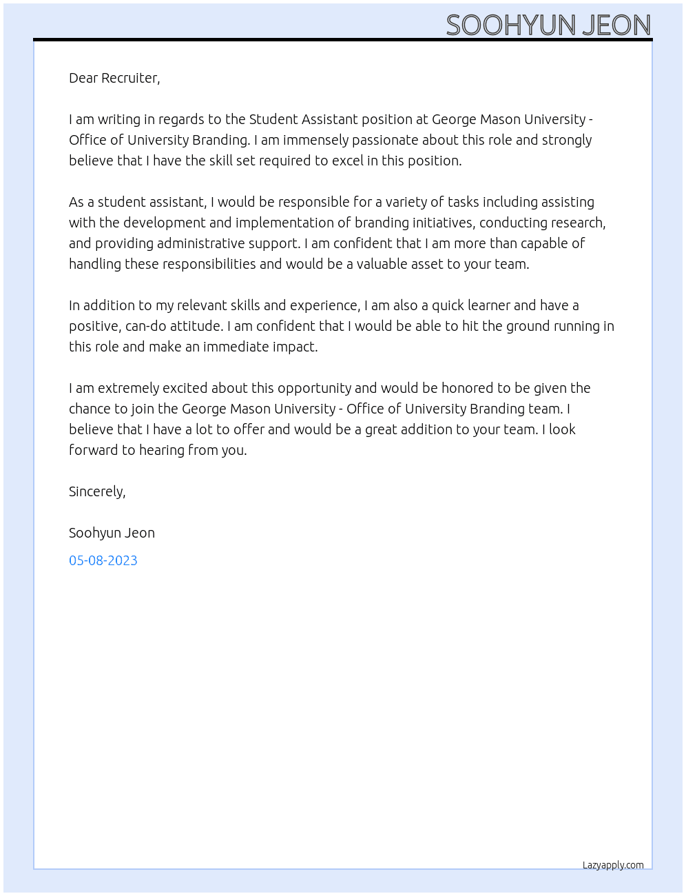 Student Assistant  At George Mason University - Office of University Branding Cover Letter