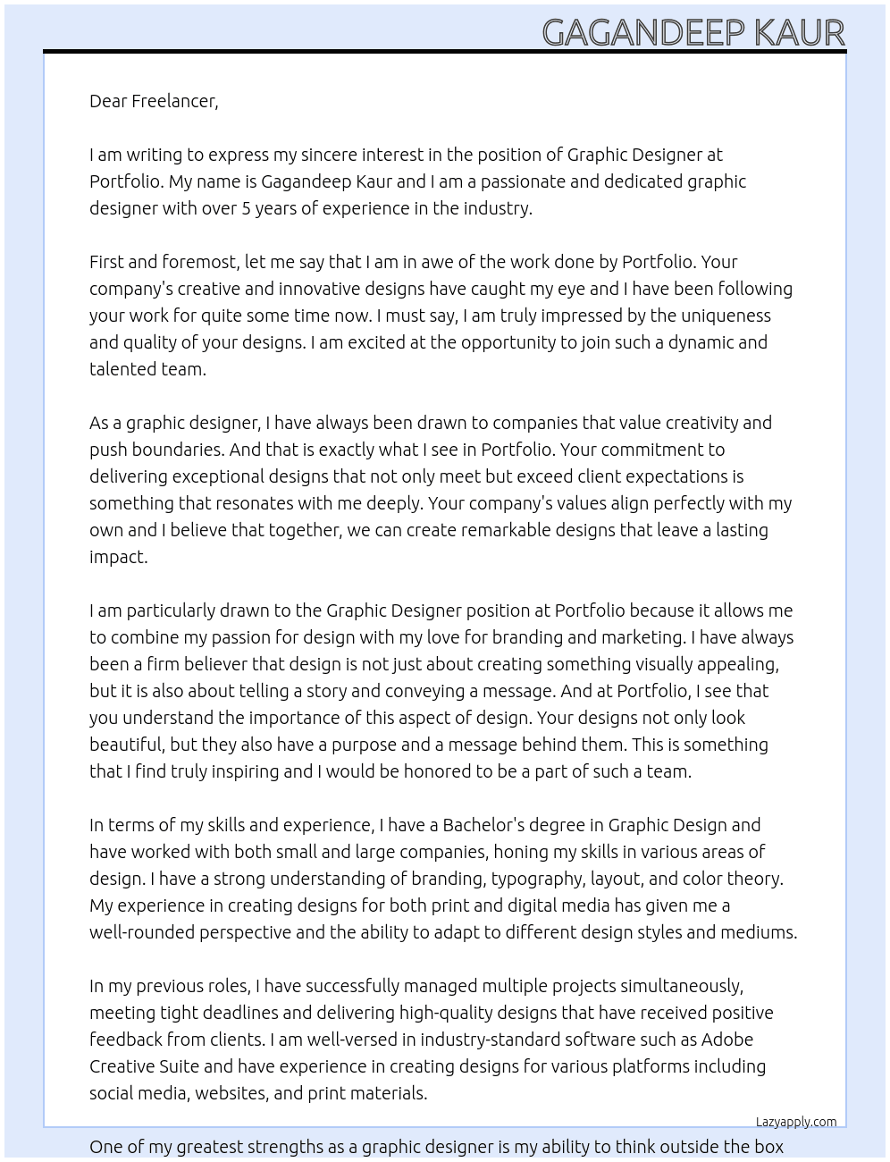 graphic designer  At Portfolio  Cover Letter