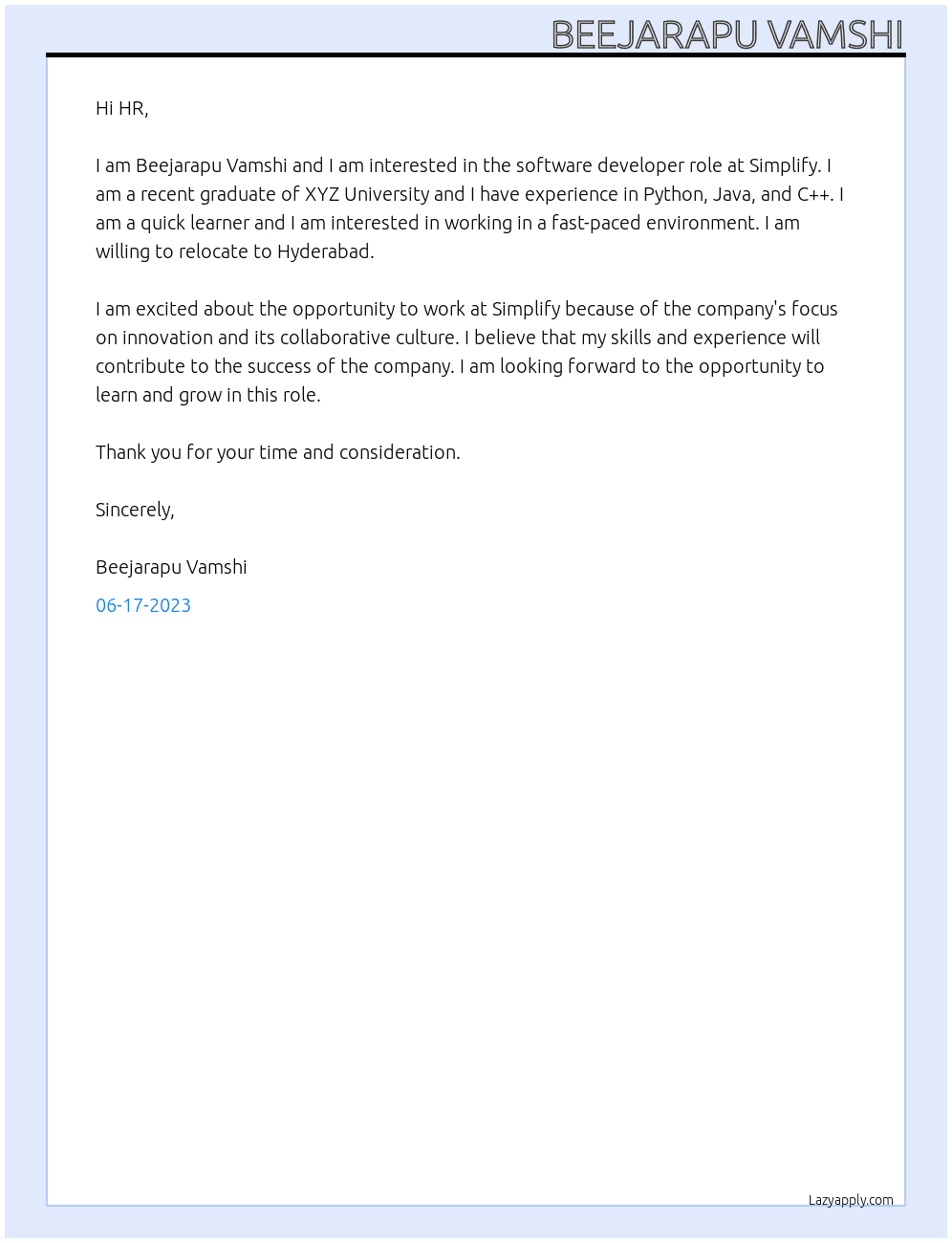 Software deve8 At Simplify Cover Letter