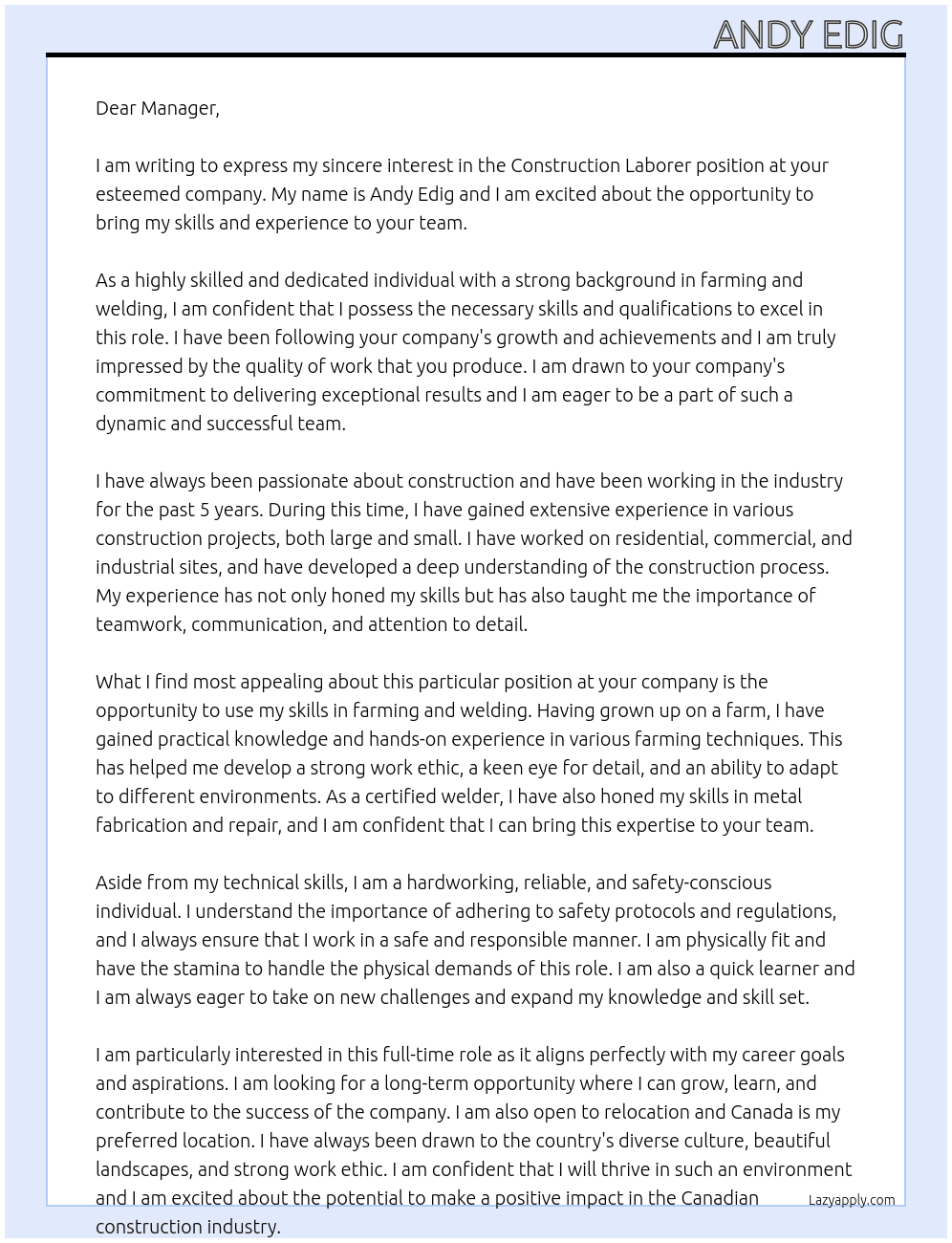 Construction laborer At Construction laborer Cover Letter