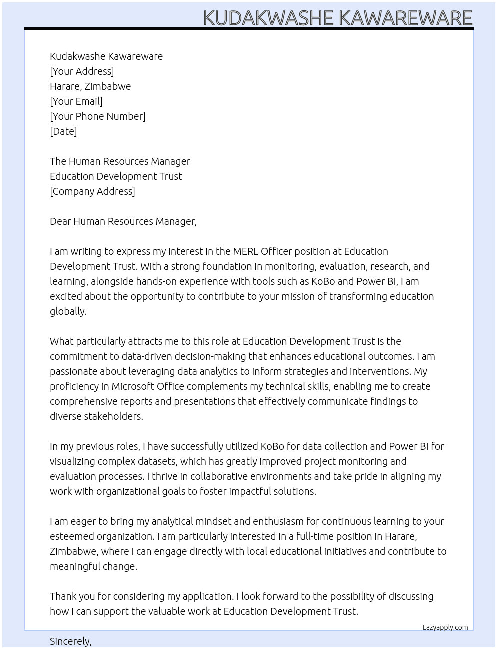 MERL Officer At Education Development Trust Cover Letter