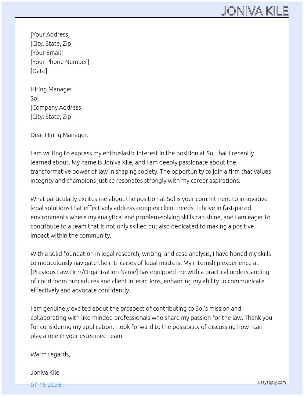 Cover letter for law firm - LazyApply