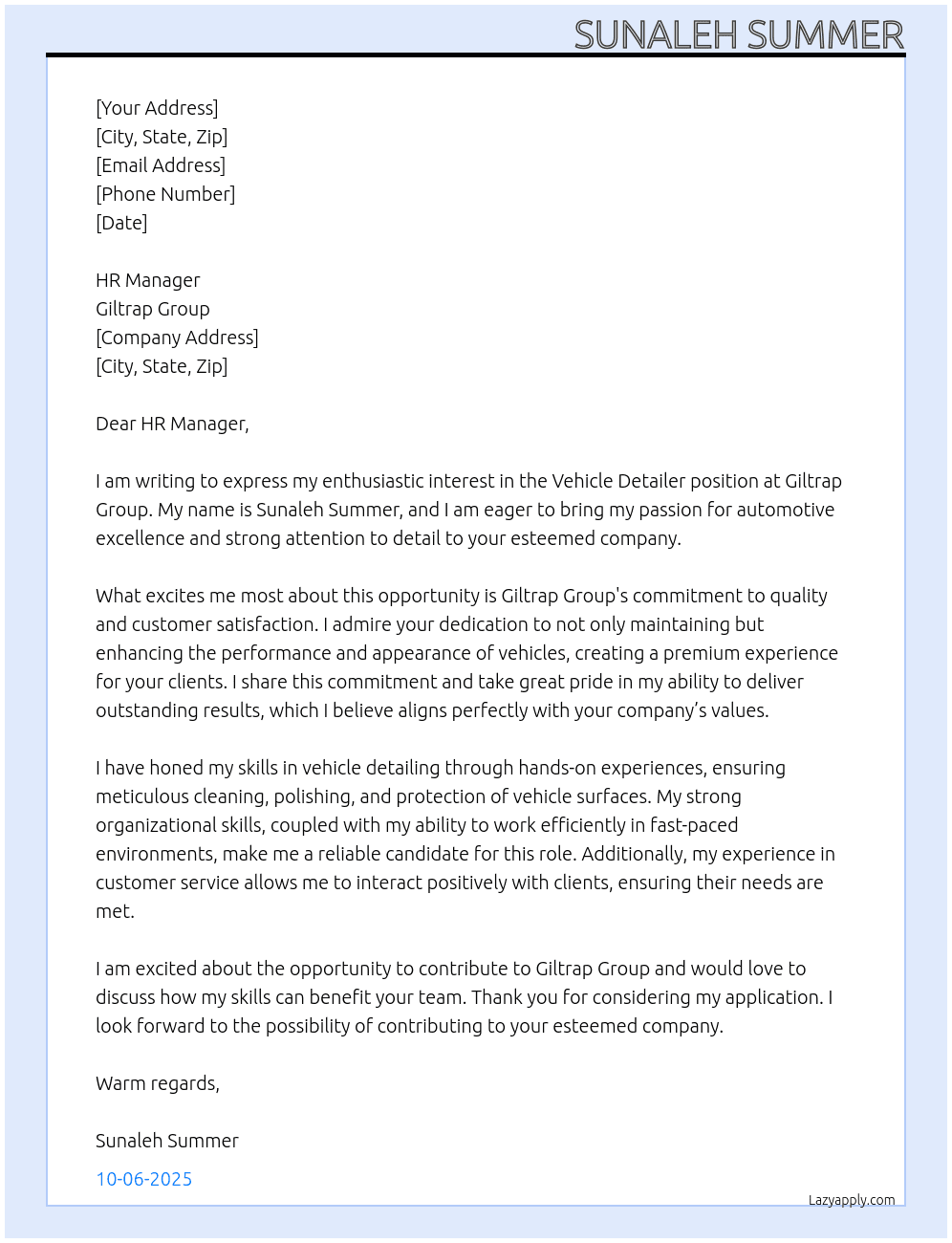 Vehicle Detailer At Giltrap group  Cover Letter
