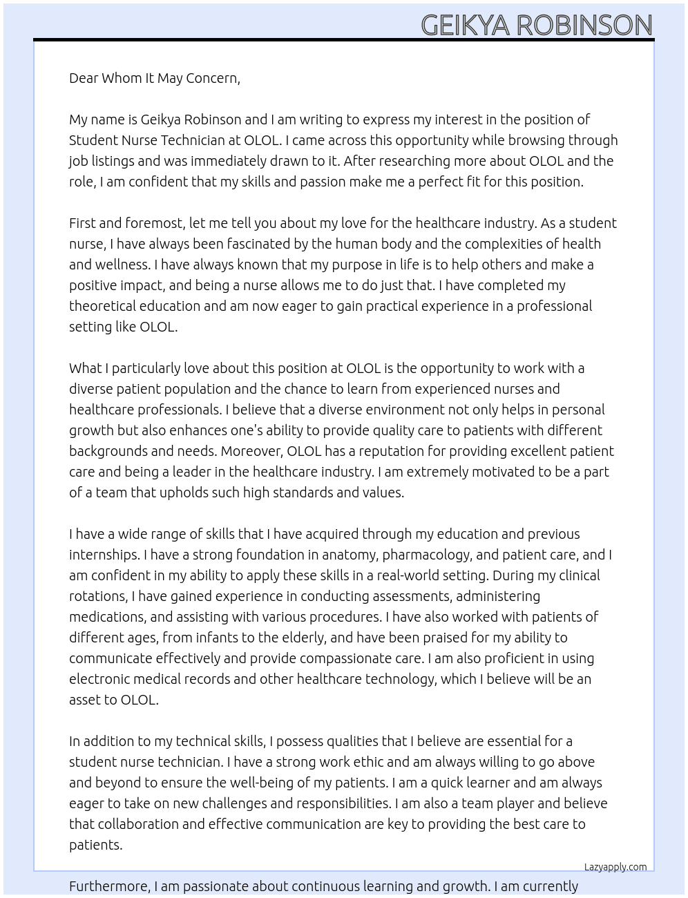 student nurse technician  At OLOL Cover Letter