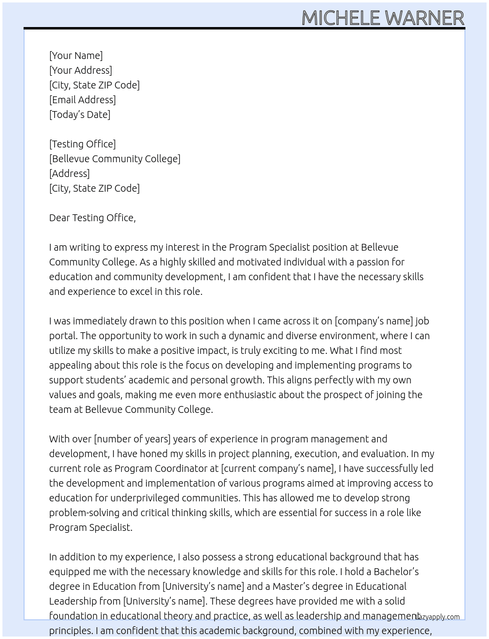 Program Specialist  At Bellevue Community College Cover Letter